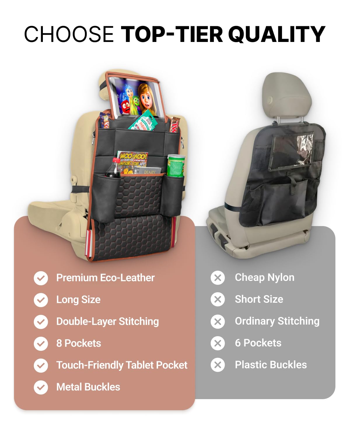 Car Seat Organizer for Backseat - Automotive Storage Organizer with Multiple Pockets for Kids Toys, Snacks & Essentials (Black, Brown, Tan) - Perfect for Road Trips & Family Travel