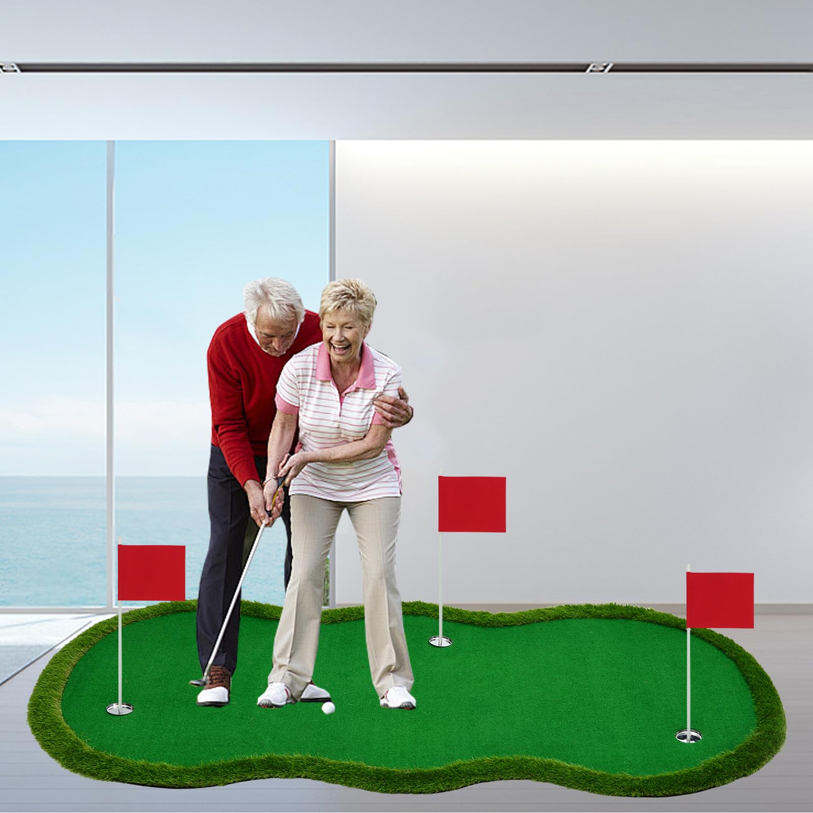 Premium Indoor/Outdoor Golf Putting Green Mat - 3 Holes with Challenge Cup & Flags - Practice Slope for Home Golf Simulators - Perfect for Backyard Training & Office Putting Practice