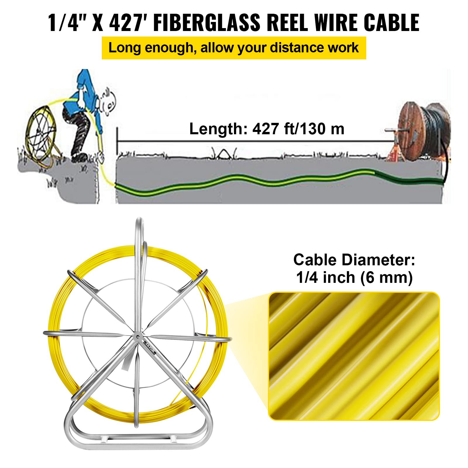 Happybuy 6MM Fiberglass Fish Tape - Electrical Wire Pulling Tool for Conduit & Cable Installation - Ideal for Electricians, DIY Home Wiring & Construction Projects
