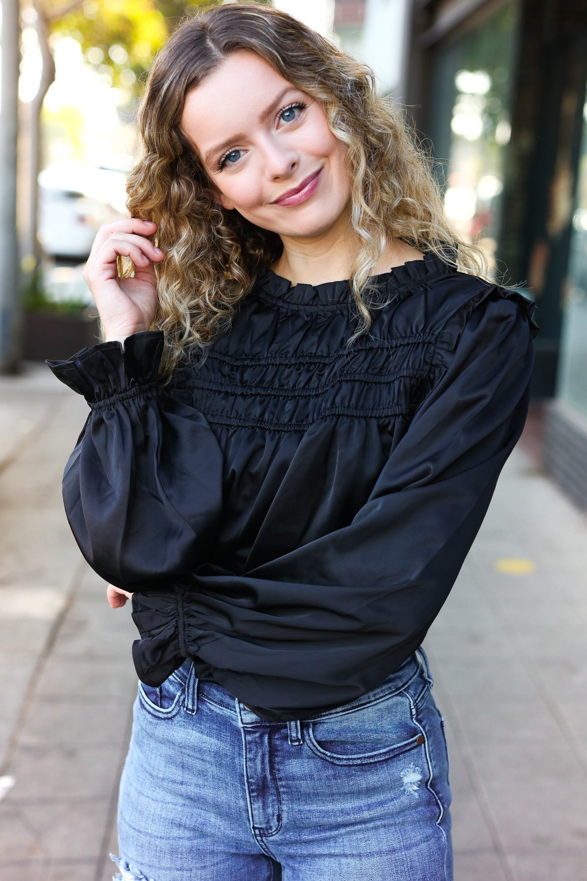 Black Satin Shirred Yoke Frilled Mock Neck Top for Women - Elegant Party & Evening Wear