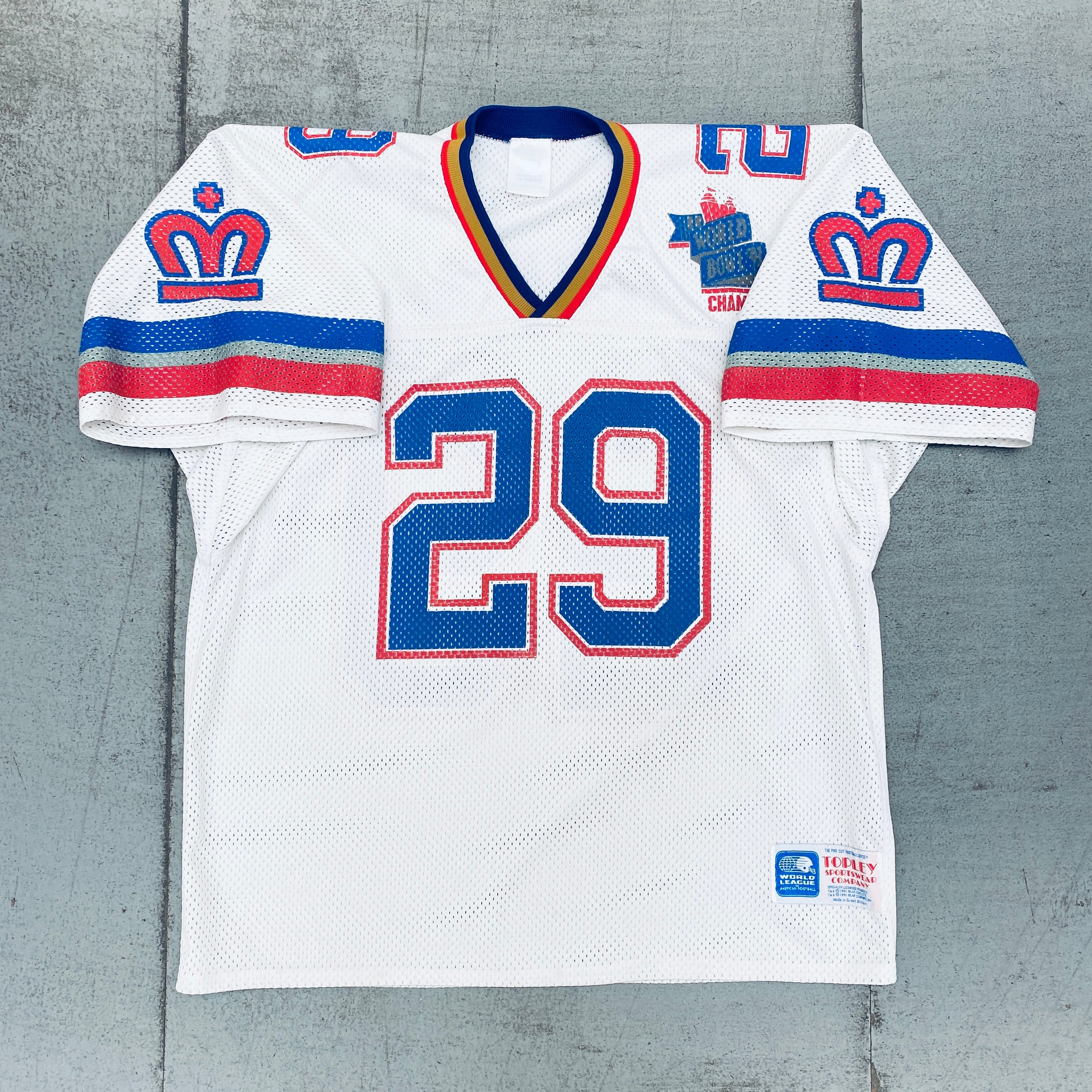 WLAF: London Monarchs 1991 Fan Jersey with World Bowl '91 Champions Patch - Size Large | Vintage Football Collectible for Fans & Sports Memorabilia Enthusiasts