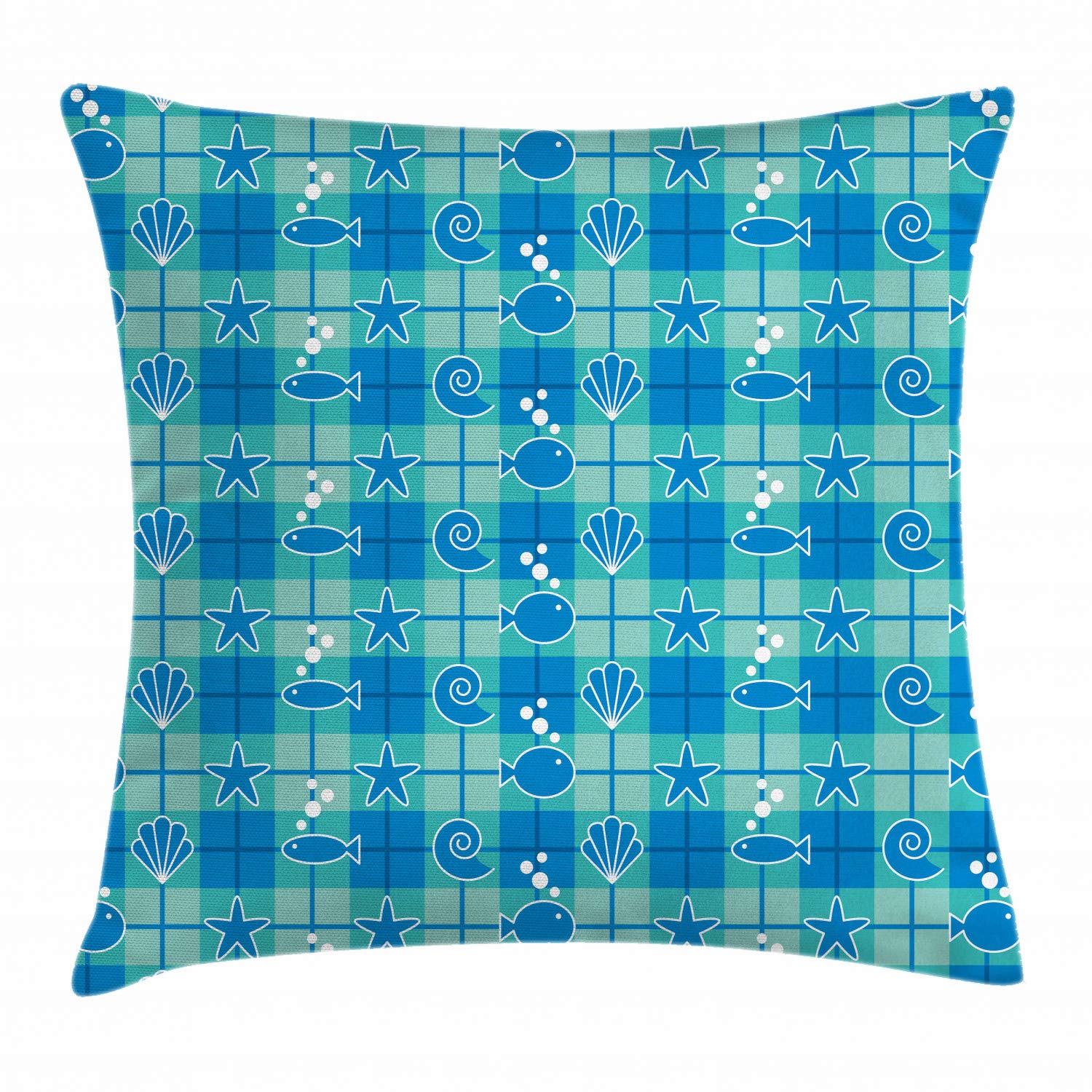 Ambesonne Sea Shells Decorative Throw Pillow Cover 18x18 Inch - Plaid Pattern with Cartoon Marine Life Silhouettes, Fish Starfish & Bubbles - Mint Green Blue White Accent Pillow Case for Living Room Sofa Bedroom Decor