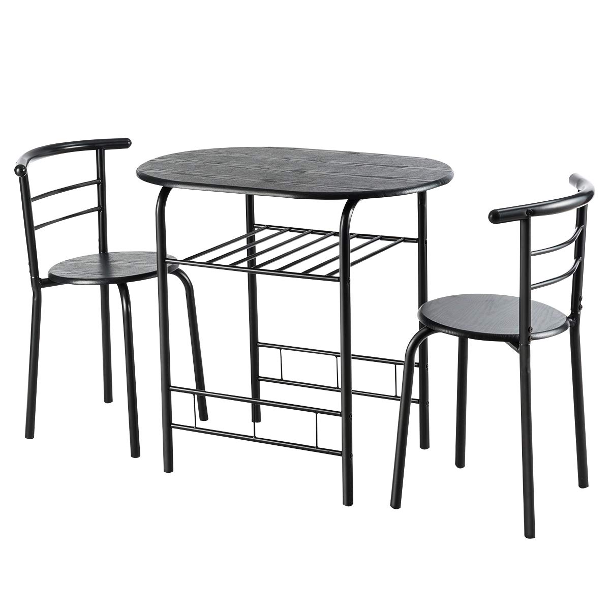 KOTEK 3-Piece Dining Set - Compact Bistro Table with 2 Chairs & Storage Shelf, Metal Frame Kitchen Set for Small Spaces & Apartments (Black) | Perfect for Breakfast Nooks, Studio Apartments & Balcony Dining