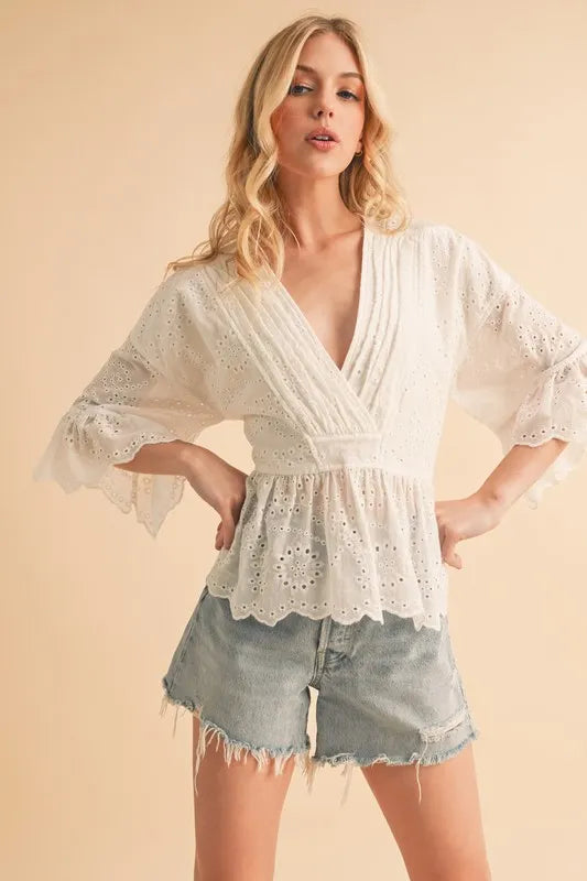 Flounce Sleeve Eyelet Peplum Top for Women - Elegant Summer Blouse with Ruffled Hem & Lace Details | Perfect for Casual Outings, Date Nights & Office Wear