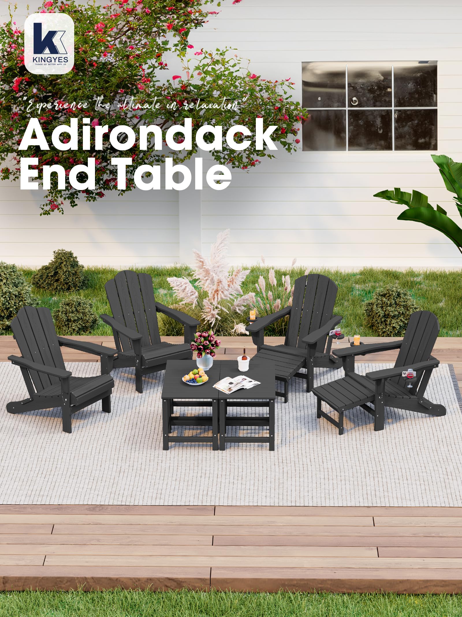 KINGYES Black Adirondack Side Table - Outdoor Patio Rectangular End Table for Garden, Deck, Poolside & Porch Use