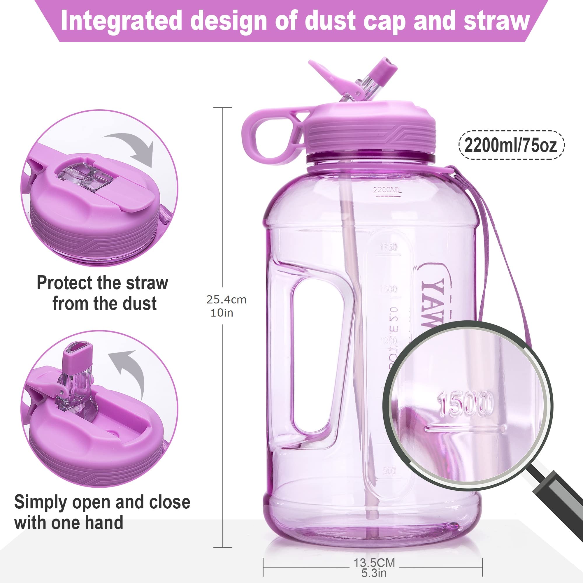**2.2L (74oz) Leakproof Half Gallon Water Bottle with Straw & Handle - BPA Free Large Sports Water Jug for Camping, Hiking, Gym & Outdoor Activities (Purple)**