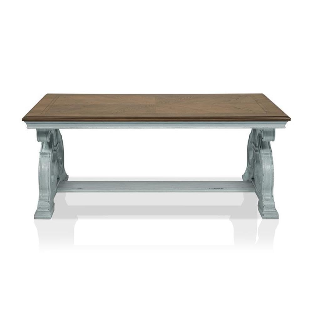 Furniture of America Adelman Solid Wood Coffee Table - Oak & Antique Blue Finish | Rustic Living Room Centerpiece for Home Decor