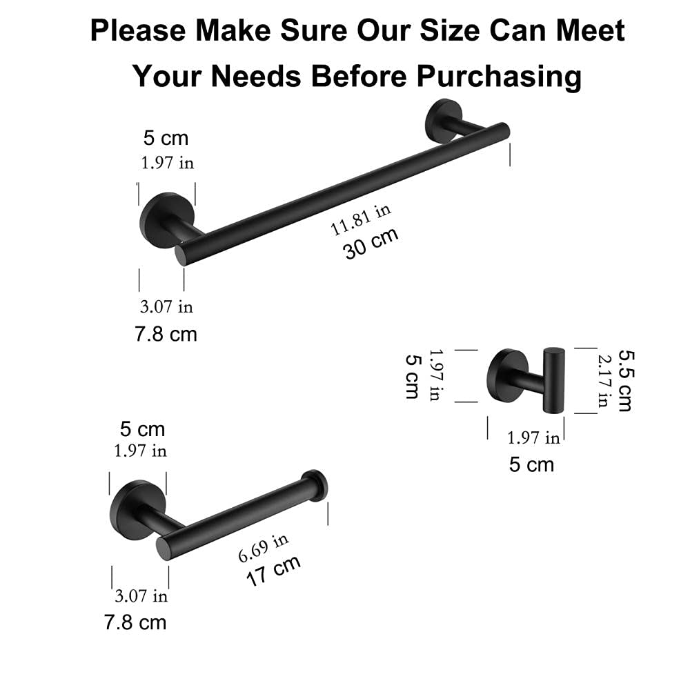 3-Piece Bathroom Hardware Set - 304 Stainless Steel Towel Bar, Toilet Paper Holder & Robe Hooks - Matte Black Finish - Modern Bathroom Accessories for Home, Apartment, Hotel (11.81