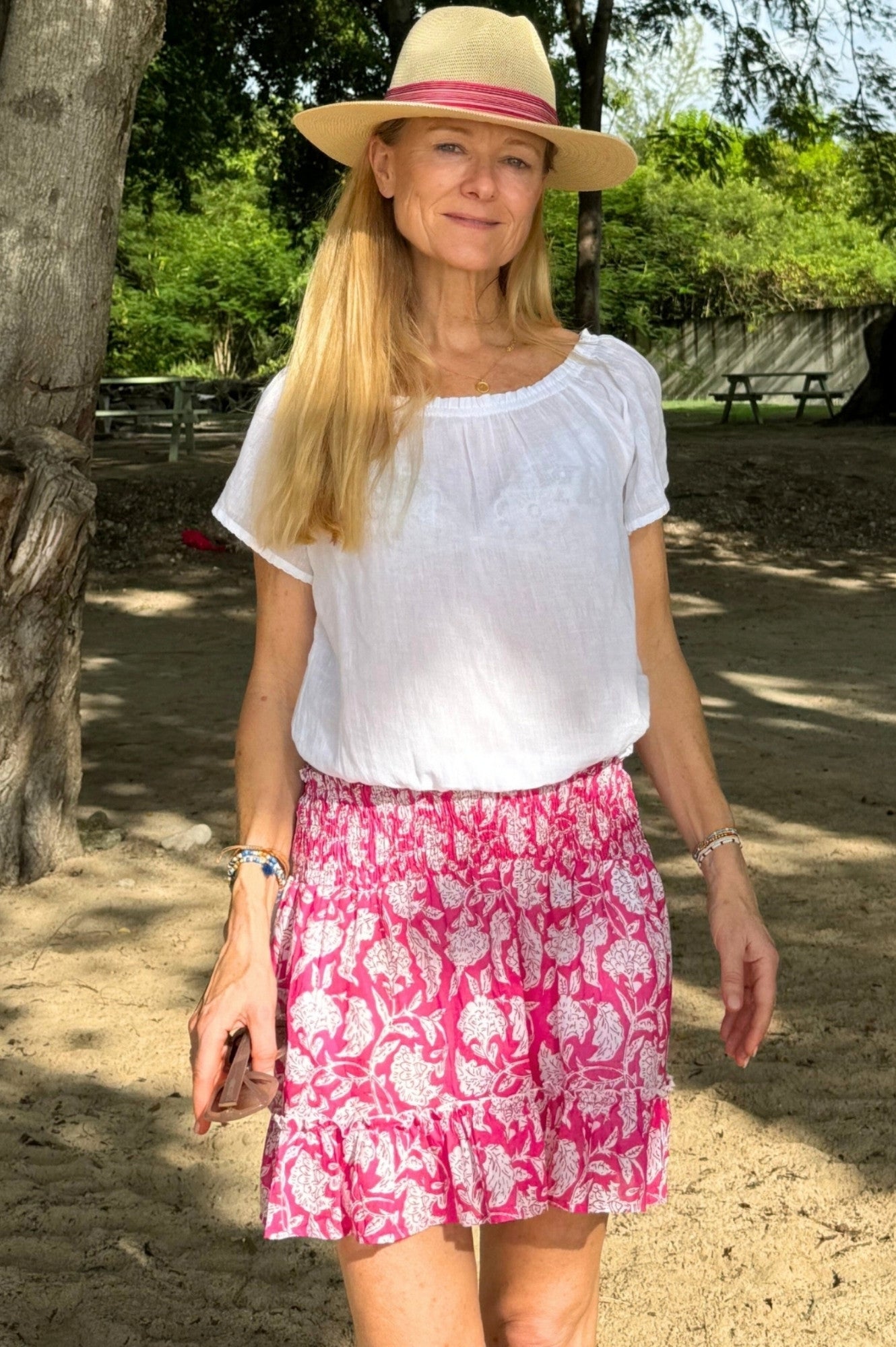 Emani Organic Cotton Skirt for Women - Soft & Comfortable Floral Print Midi Skirt | Dianthus Pink/White | Perfect for Summer Outfits, Beach Vacations & Casual Wear