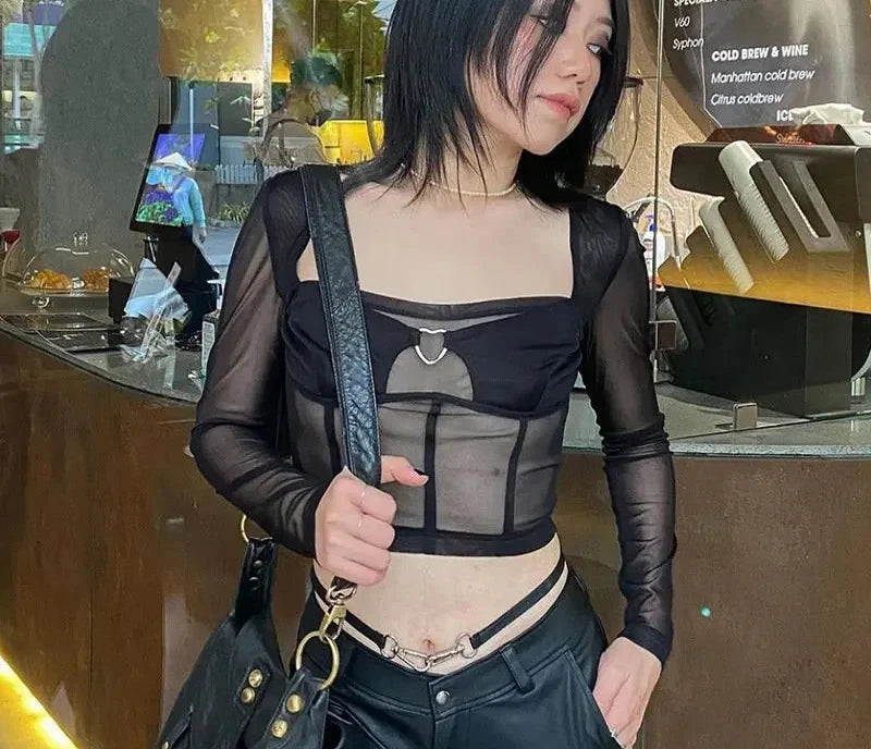 Black Mesh Sheer Crop Top for Women | Y2K Streetwear Fashion | Sexy Square Neck Long Sleeve T-Shirt | Fall Clothing Trend | Perfect for Club Outfits, Concerts & Nightlife