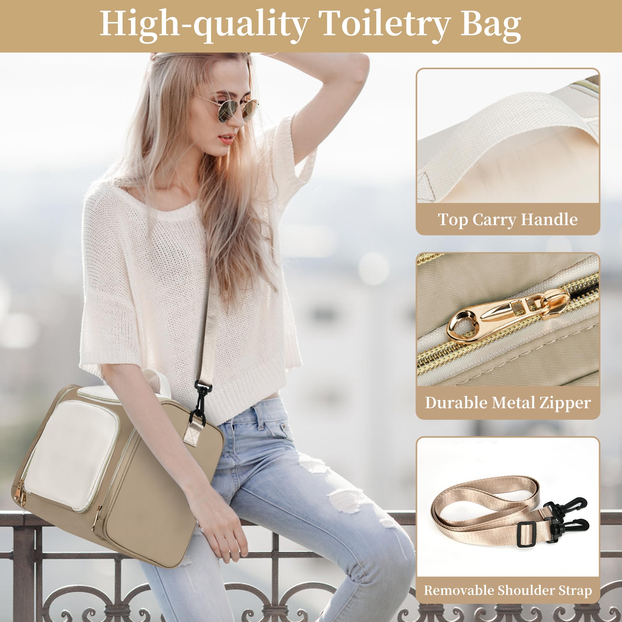 LOKASS Large Waterproof Hanging Toiletry Bag for Women - Travel Makeup Cosmetic Organizer with Hook for Shampoo & Toiletries - Perfect for Vacation, Gym, Camping & Business Trips (Brown)