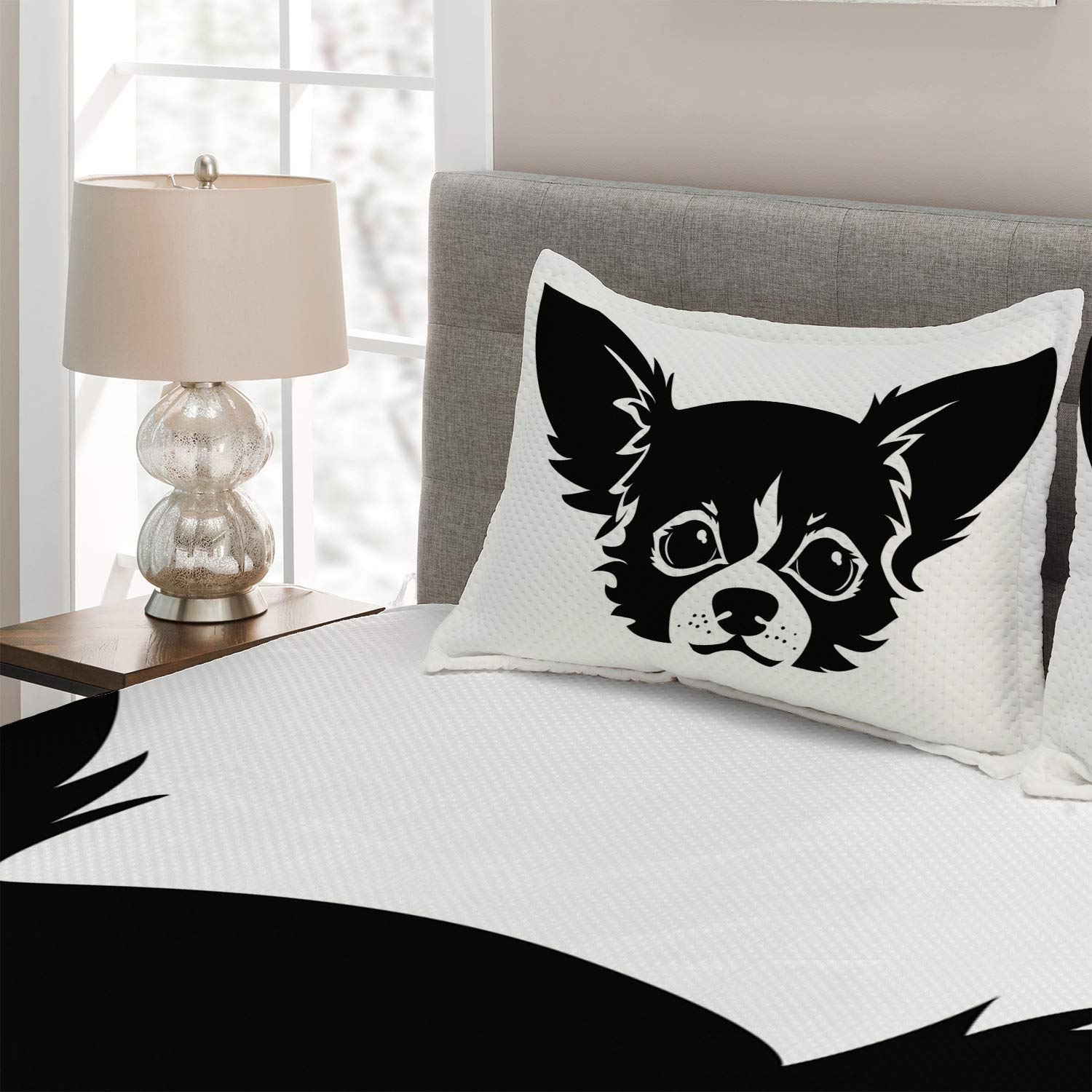 Ambesonne Chihuahua Dog Bedspread Set - 3 Piece King Size Quilted Coverlet with 2 Pillow Shams, Black White Monochrome Cartoon Puppy Design | Cozy Bedroom Decor for Pet Lovers, Perfect for Master Bedroom or Guest Room