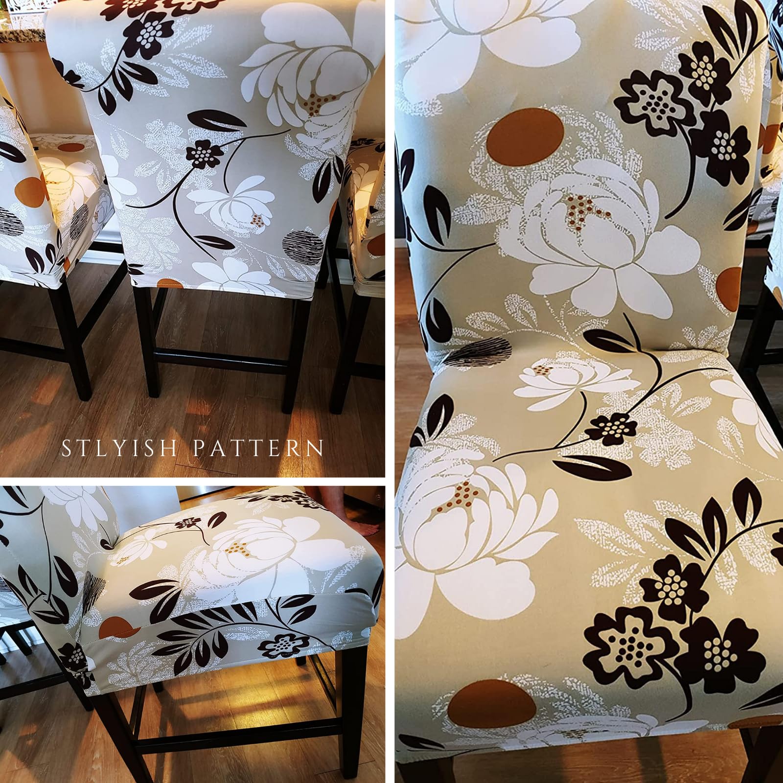 Stretch Washable Bar Stool Covers Set of 4 - Counter Height Seat Covers for Kitchen, Dining Room & Cafe - Booming Flower Design - Perfect for Home Decor, Restaurant Upgrade & Indoor Furniture Protection