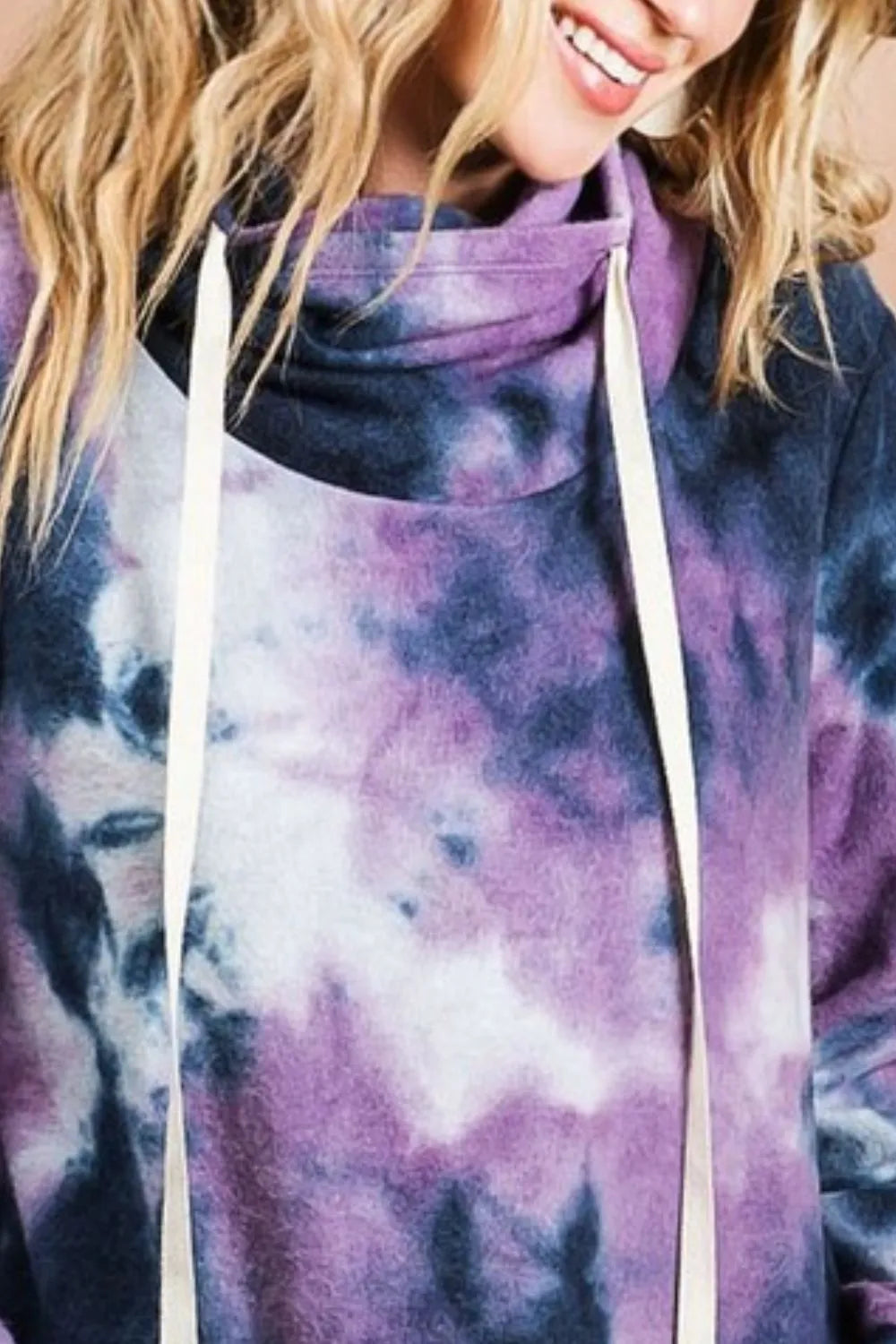 BiBi Brushed Tie Dye Overlapped Turtle Neck Sweatshirt for Women - Soft Cotton Pullover with Vintage Style - Perfect for Casual Outfits, Fall Layering and Streetwear Fashion