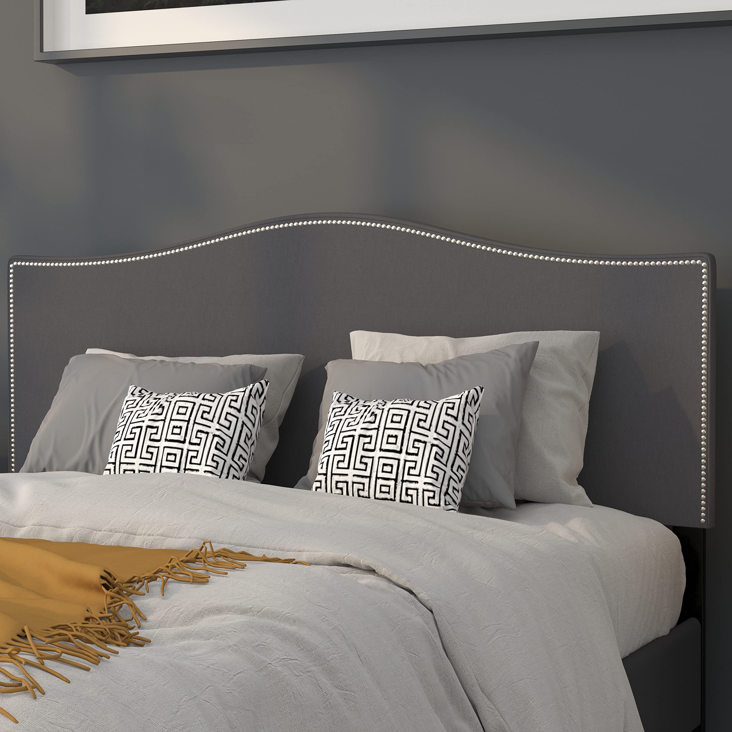 Dark Gray Upholstered Queen Size Headboard with Nailtrim - Elegant Bedroom Decor for Master Bedroom, Guest Room & Home Staging