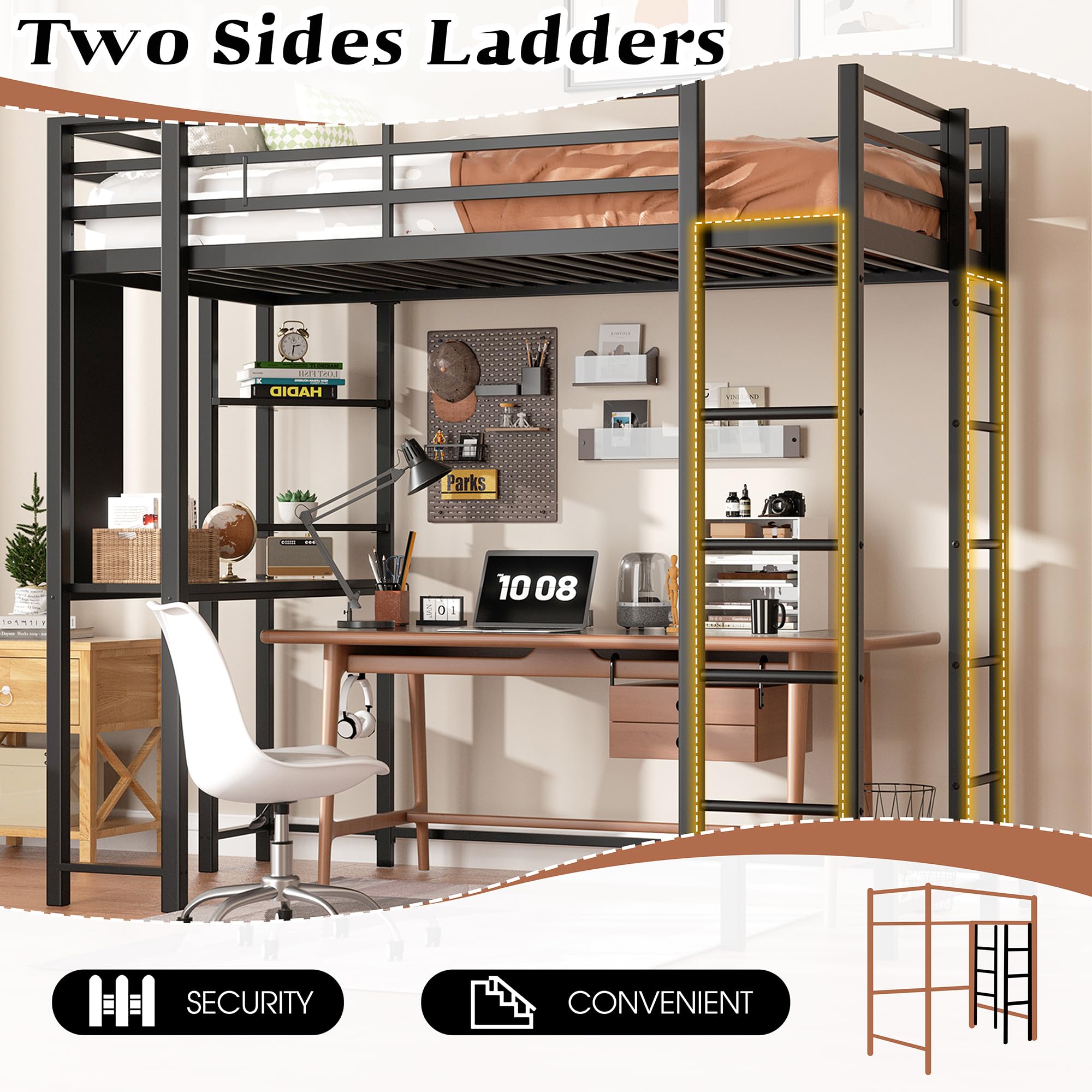 Shintenchi Twin Size Loft Bed with Desk & Storage Shelves - Sturdy Space-Saving Bed Frame for Kids, Teens & Adults - Anti-Tilt Quiet Design with 2 Ladders - Perfect for Small Bedrooms, Dorms & Studio Apartments (Black)