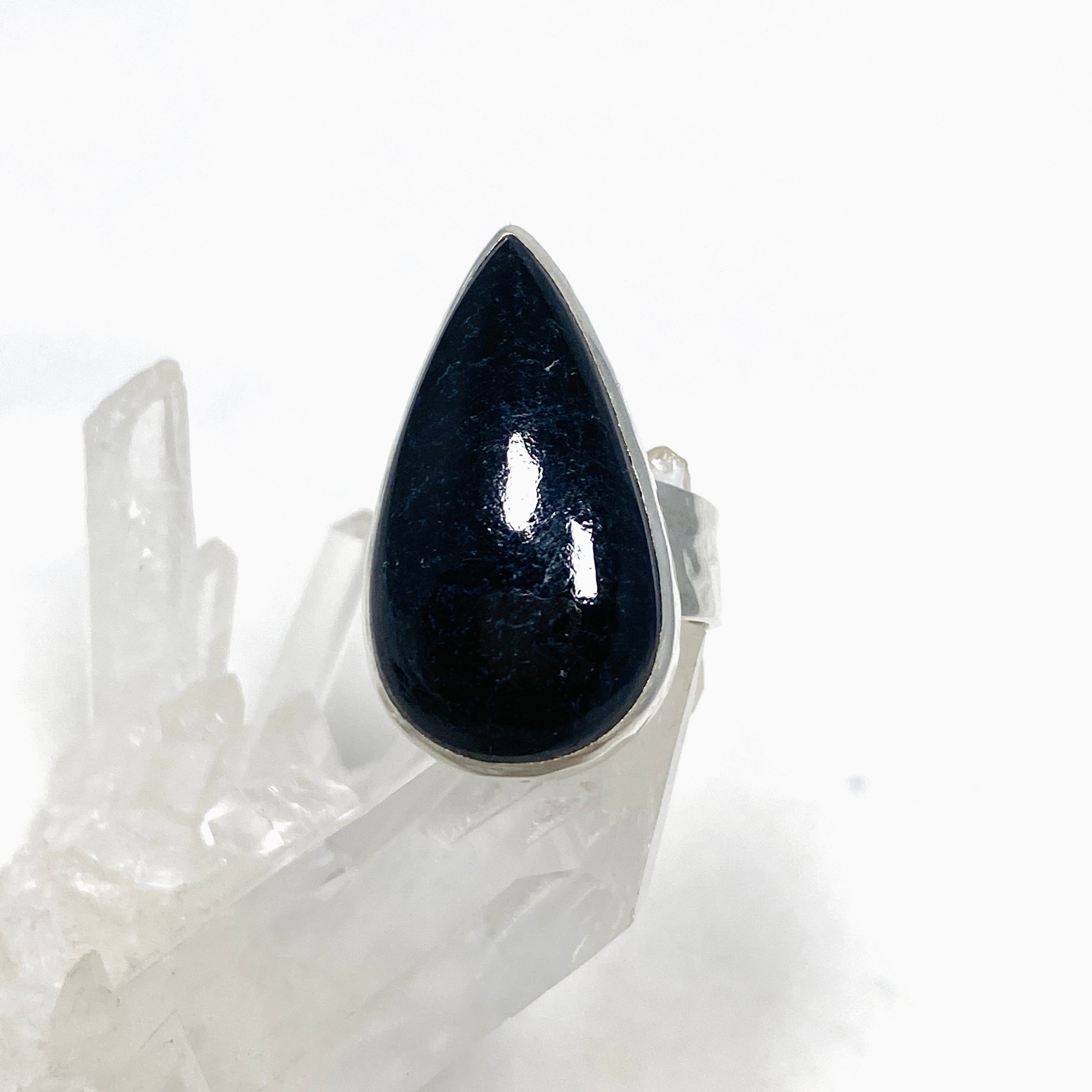 Black Tourmaline Hammered Teardrop Ring for Women - Size 7 Adjustable Band, KRGJ2874 - Perfect for Spiritual Healing, Meditation & Everyday Fashion Jewelry