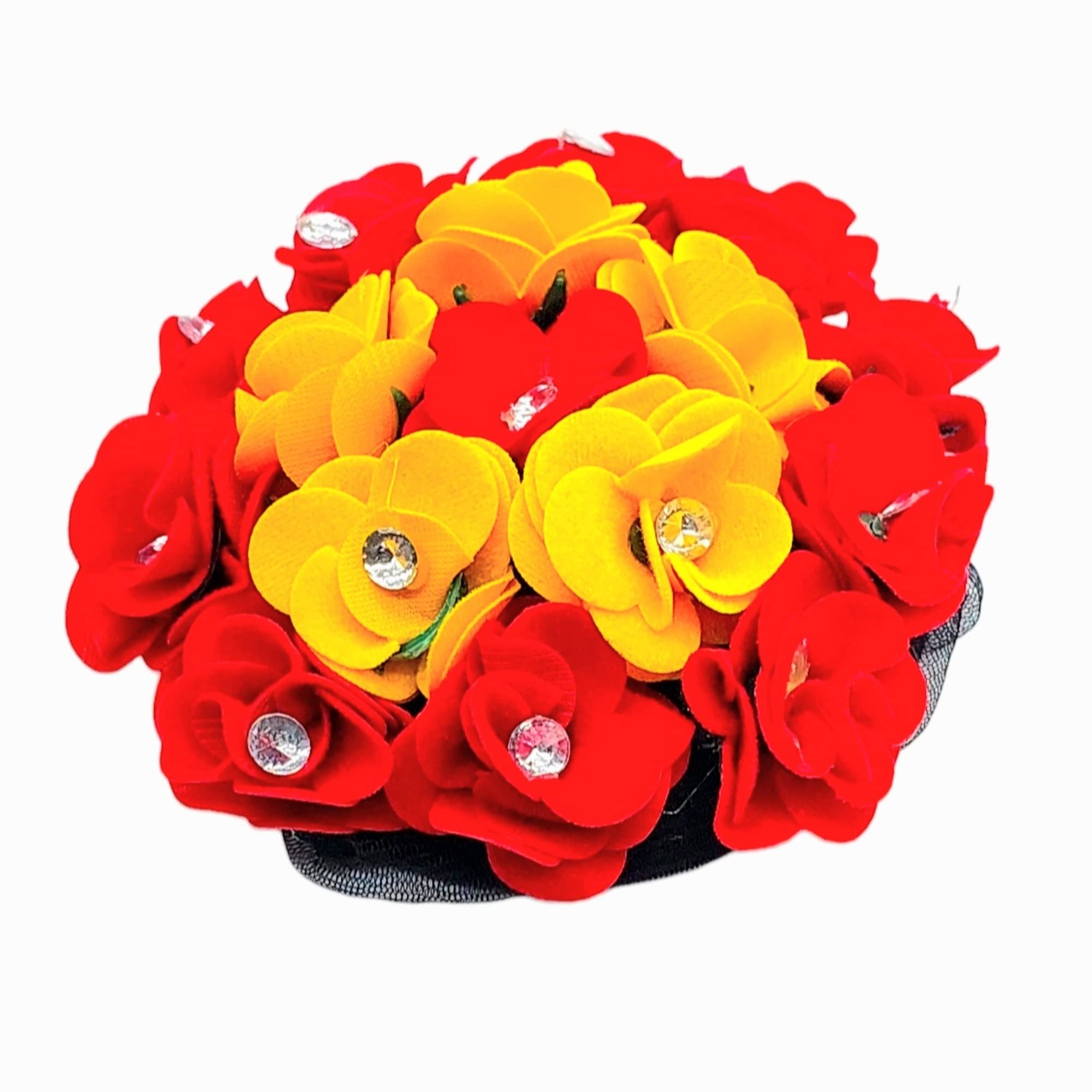 DIAN Red & Yellow Artificial Flower Gajra Hair Accessories - Full Bun Juda Maker with Rubber Band for Women & Girls | Perfect for Weddings, Parties & Traditional Indian Hairstyles