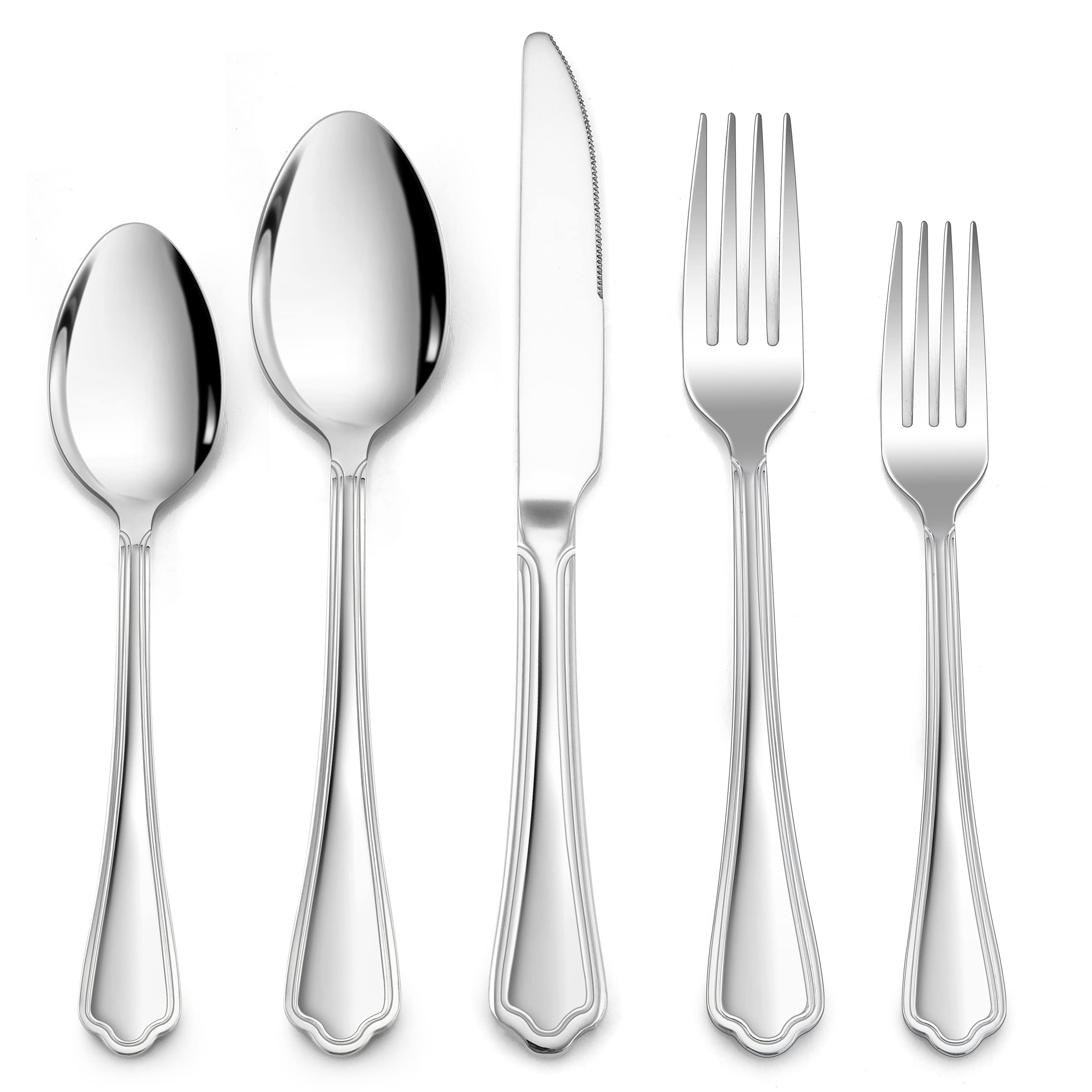 40-Piece Stainless Steel Flatware Set for 8 - Mirror Polished Silverware with Scalloped Edge (8 Forks, 8 Knives, 8 Spoons, 8 Teaspoons) - Dishwasher Safe Cutlery Set for Everyday Dining, Dinner Parties & Restaurant Use