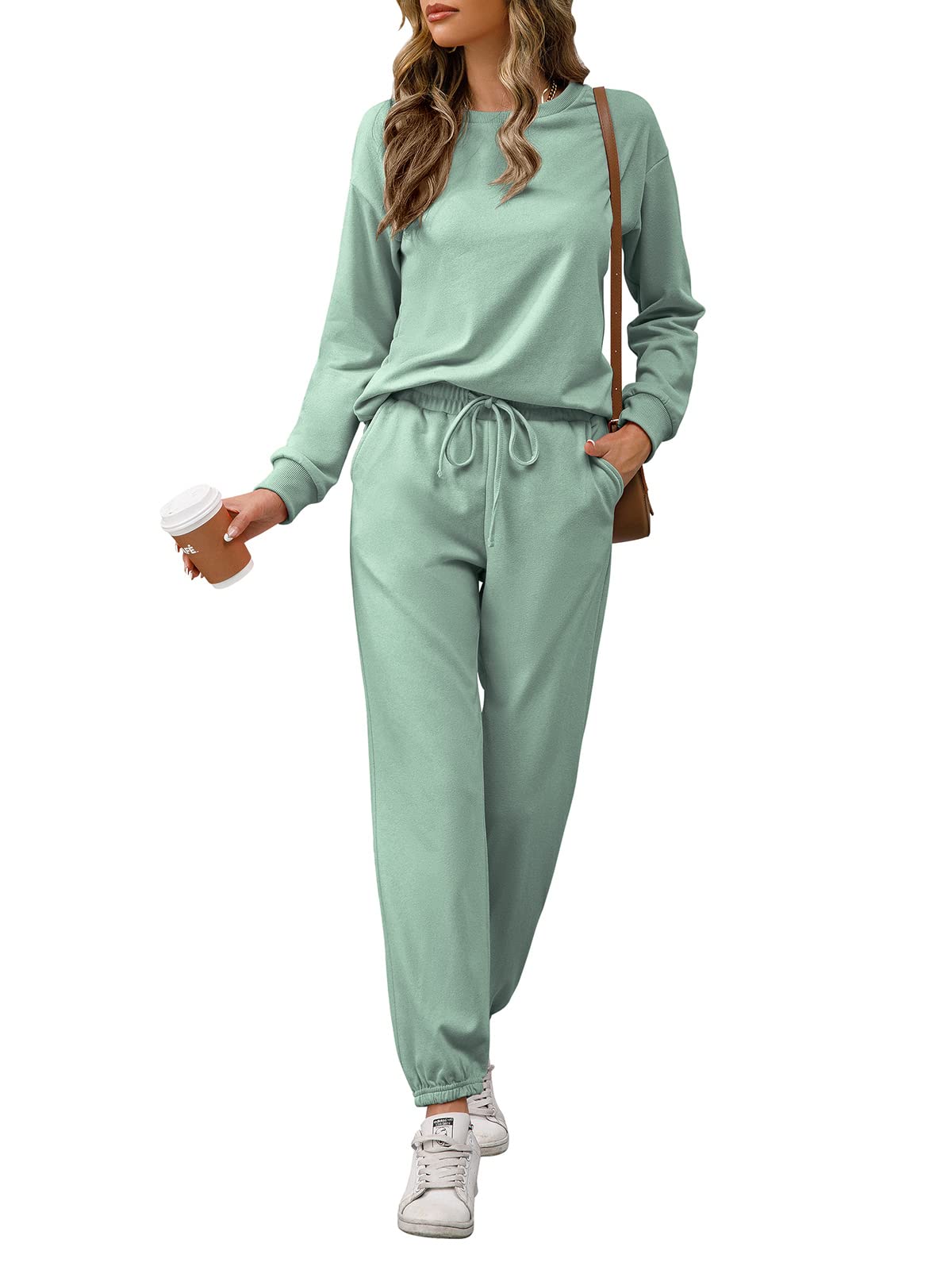 REORIA Women's Long Sleeve Crewneck Solid Color Hoodie & Jogger Tracksuit Set - Casual Two Piece Outfit for Lounge, Workout, and Streetwear Fashion