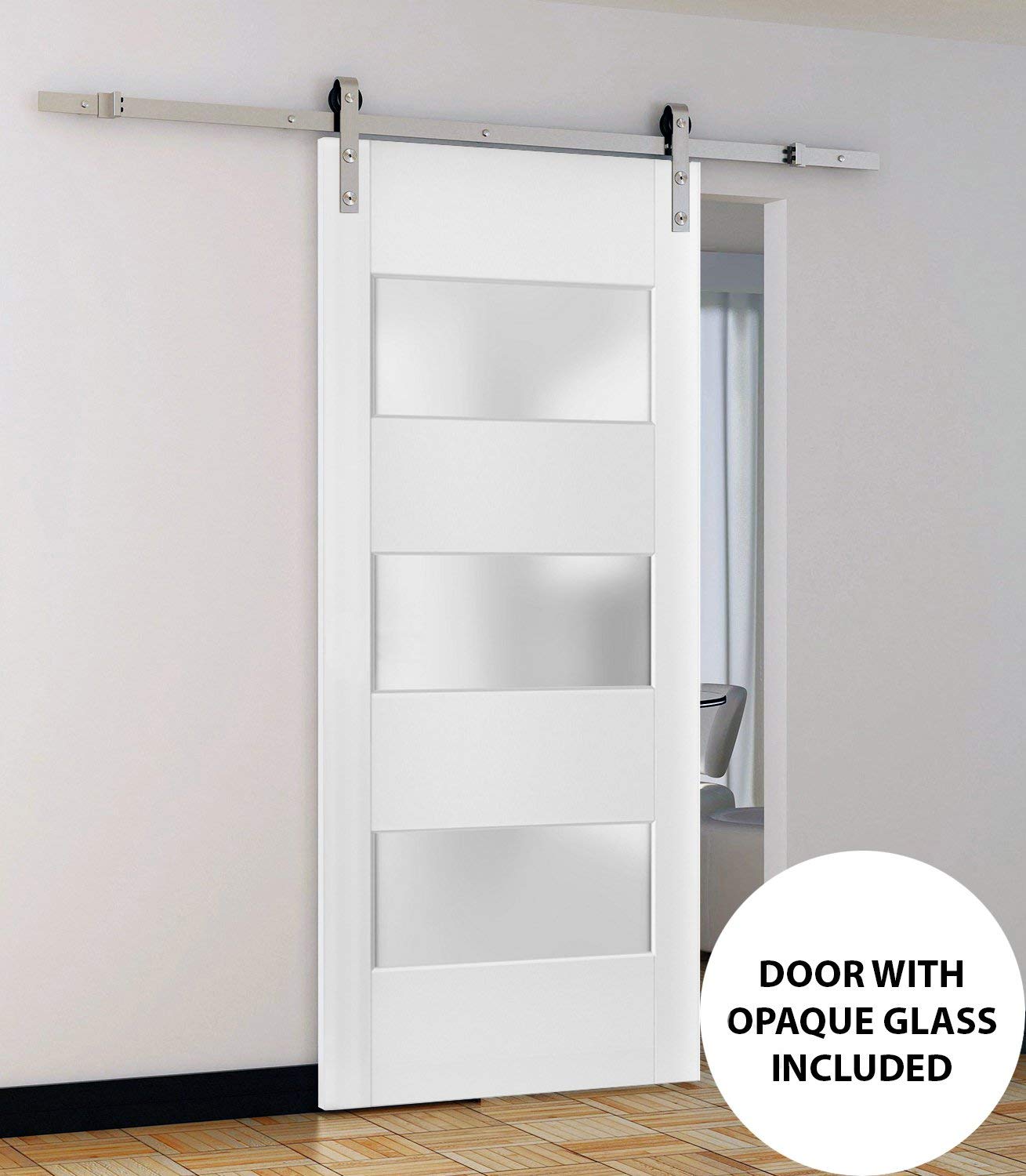 Lucia 4070 White Silk 36x84 Inch Frosted Glass Barn Door - 3-Lite Solid Panel Interior Door with 6.6FT Stainless Steel Top Mount Rail & Heavy Duty Hangers | Perfect for Bedrooms, Closets, and Room Dividers