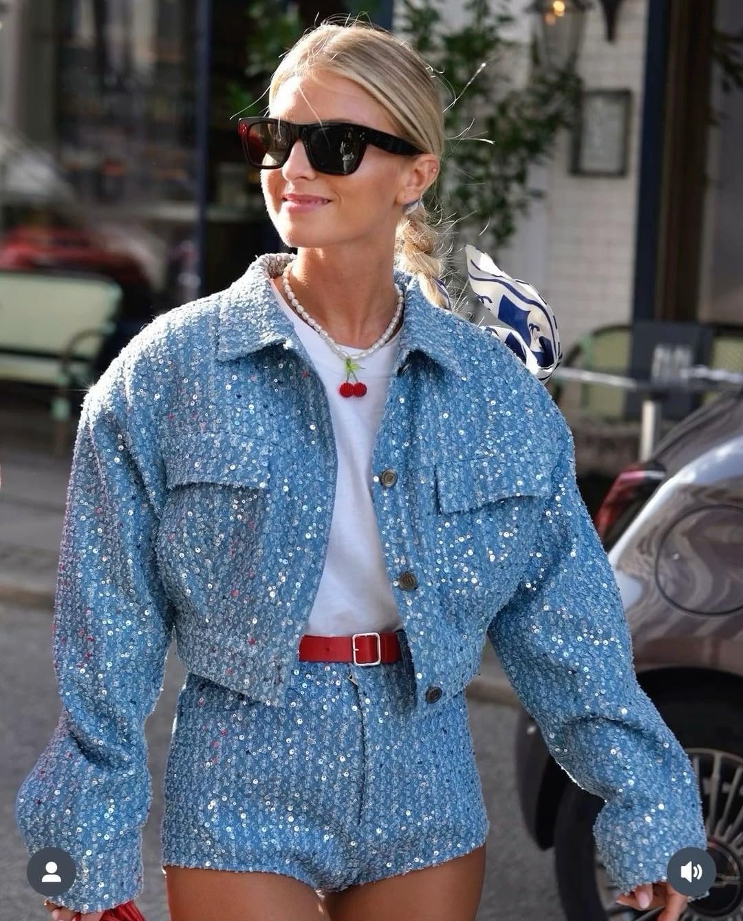 Molilove Women's 2-Piece Denim Jacket & Shorts Set - Sparkle Sequin Long Sleeve Jean Jacket Outfit for Casual Wear, Party, and Date Night