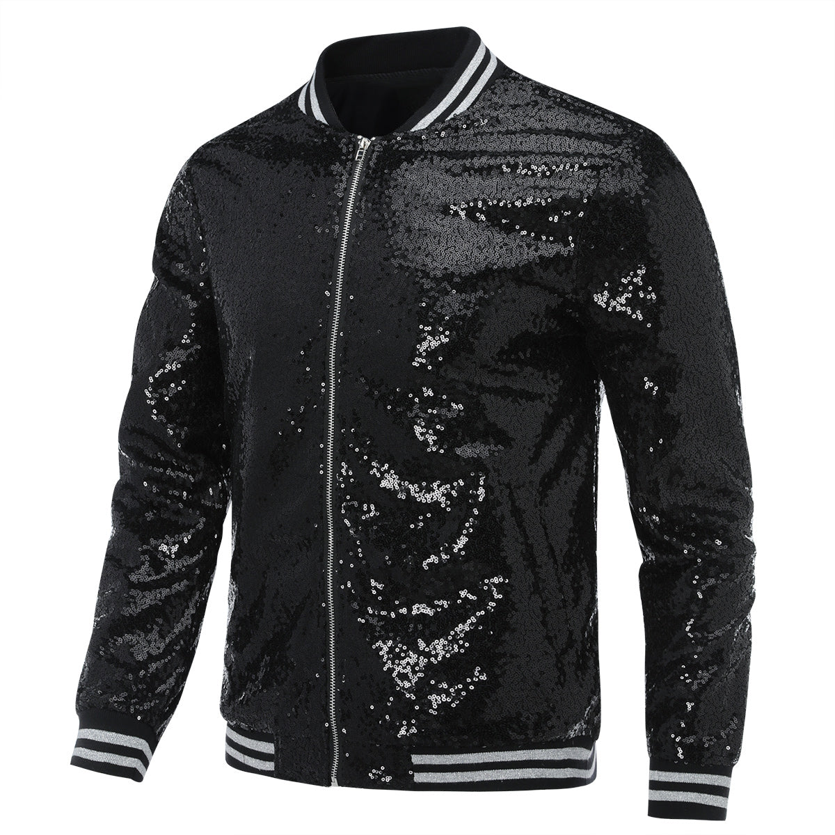 Sparkly Men's Stand Collar Stage Jacket - Black Sequined Performance Blazer for Theater, Cosplay & Nightclub Outfits