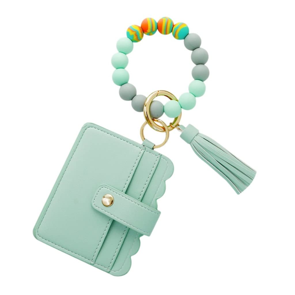 YFQHDD Women's Silicone Wristlet Keychain Bracelet - Credit Card Holder Wallet with Beaded Tassel Key Ring (One Size, Color D) | Perfect for Daily Use, Travel, and Gift Giving