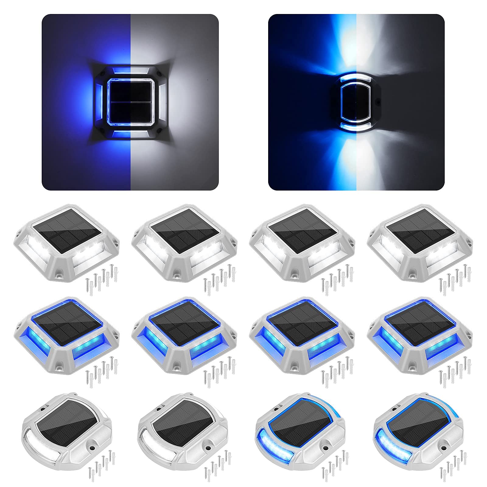 VOLISUN 12 Pack Solar Driveway Lights - 2 in 1 Color Changing (White & Blue) LED Landscape Lighting for Pathway, Garden, Deck, and Yard Decoration
