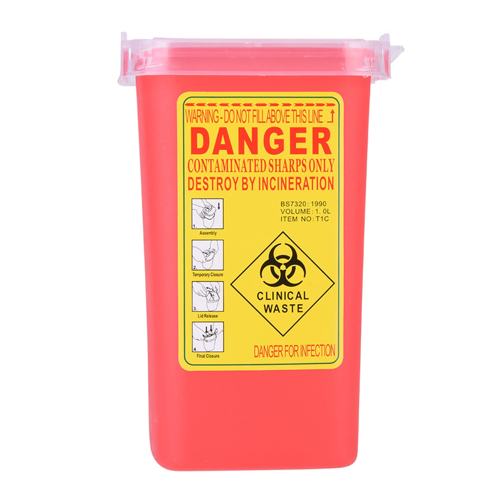 Brrnoo 1L Red Medical Sharps Container - Puncture-Resistant Biohazard Waste Box with Secure Mailbox-Style Lid | Safe Needle Disposal for Tattoo Shops, Clinics & Home Healthcare Use