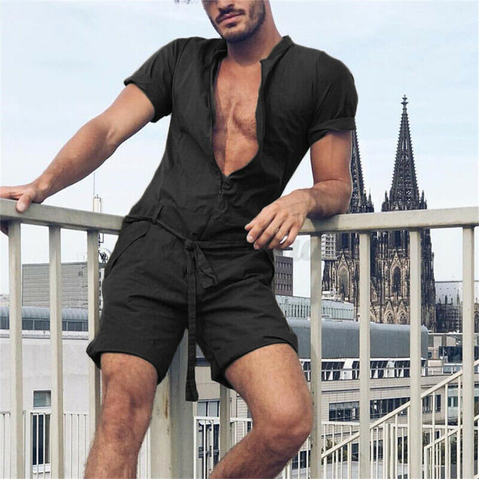 Men's Spring Solid Color Short Sleeve Casual Jumpsuit with Vest - Lightweight Tan Suit for Outdoor Activities, Travel & Summer Wear