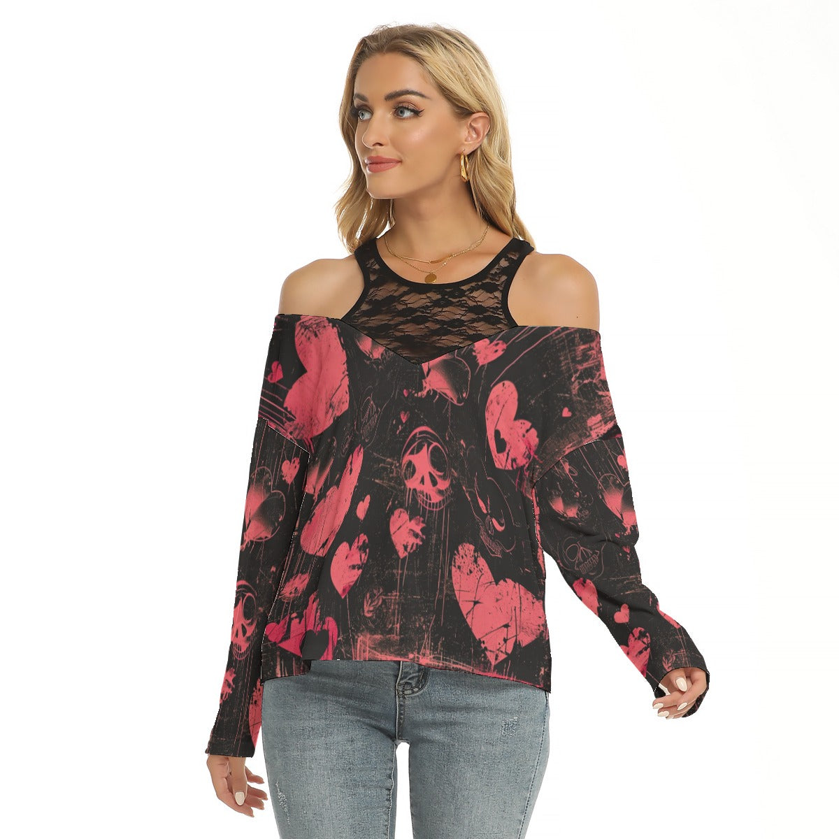 Faded Hearts and Skulls Lace Mesh Collar Cold Shoulder Long Sleeve Blouse - Gothic Boho Chic Top for Women, Perfect for Halloween, Parties, and Vintage Fashion Outfits