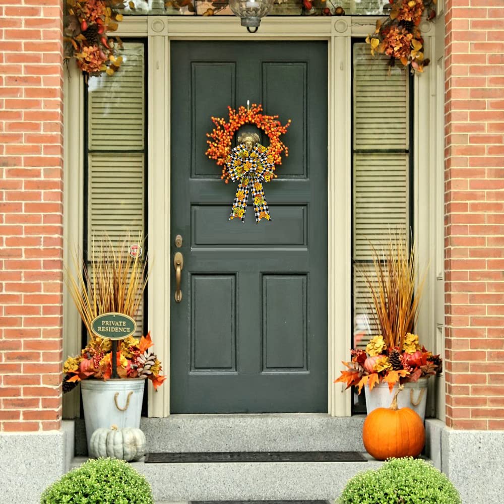 2 Pack Fall Wreath Bows - Thanksgiving Autumn Decor with White Black Buffalo Plaid & Orange Burlap Leaves - Front Door Holiday Decorations for Thanksgiving, Harvest Festival & Seasonal Home Decor