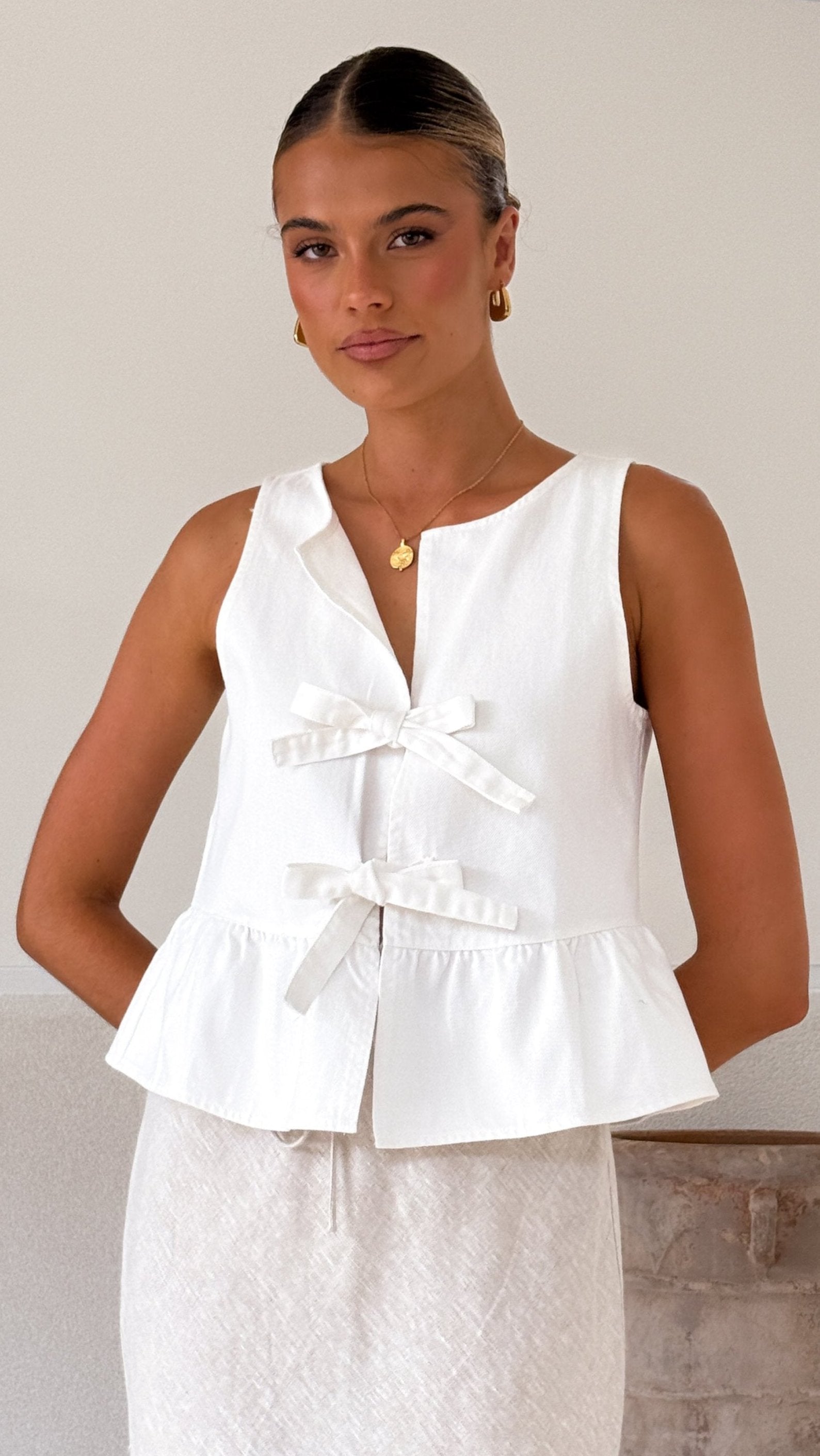 Jarrah Tie Top Women's White Blouse - Elegant Casual Shirt for Office, Date Night & Summer Outfits
