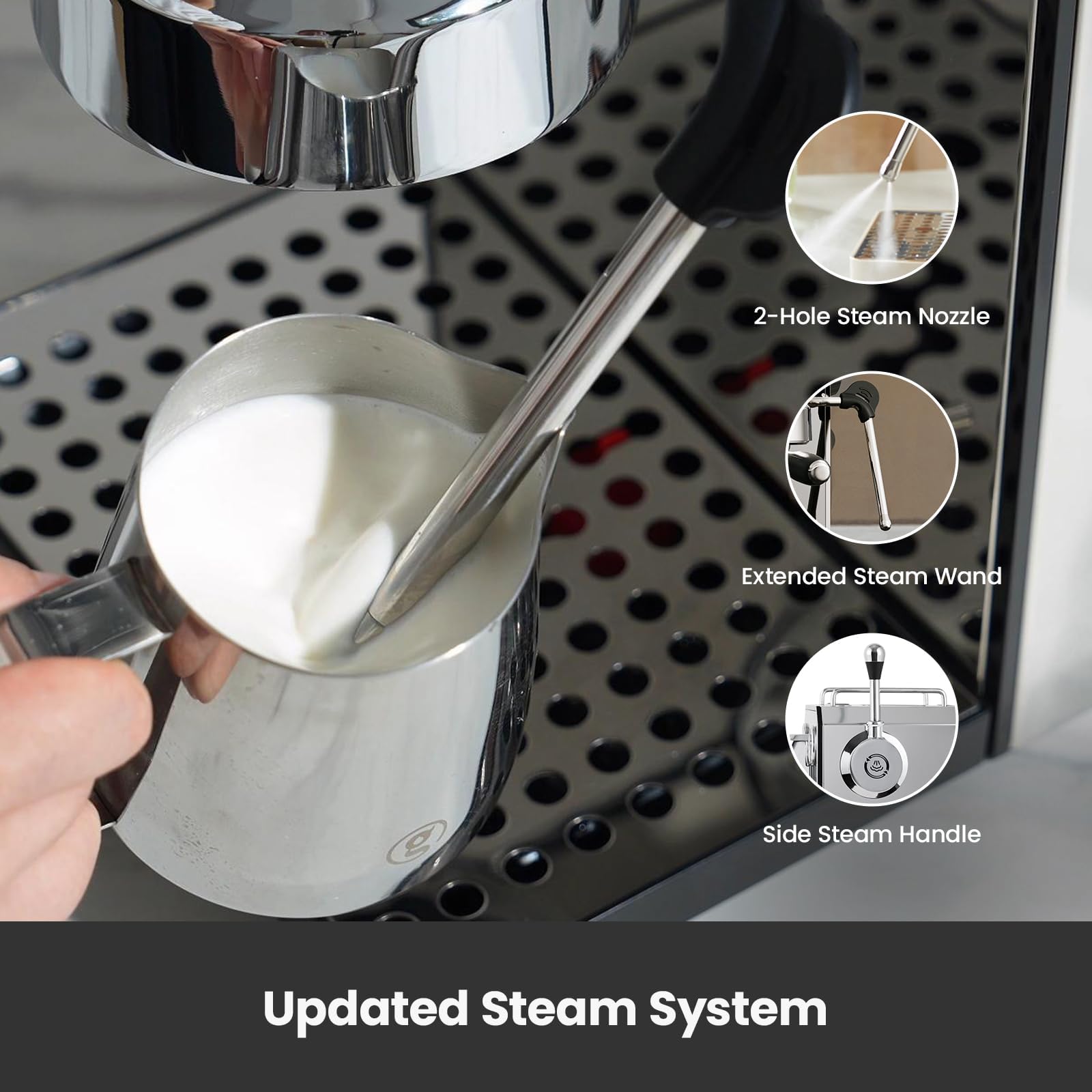 Professional 15 Bar Semi-Automatic Owl Espresso Machine with Milk Frother - 57oz Removable Water Tank & Dual Display - Perfect for Cappuccino, Latte & Espresso at Home or Office - Stainless Steel G3006 Model