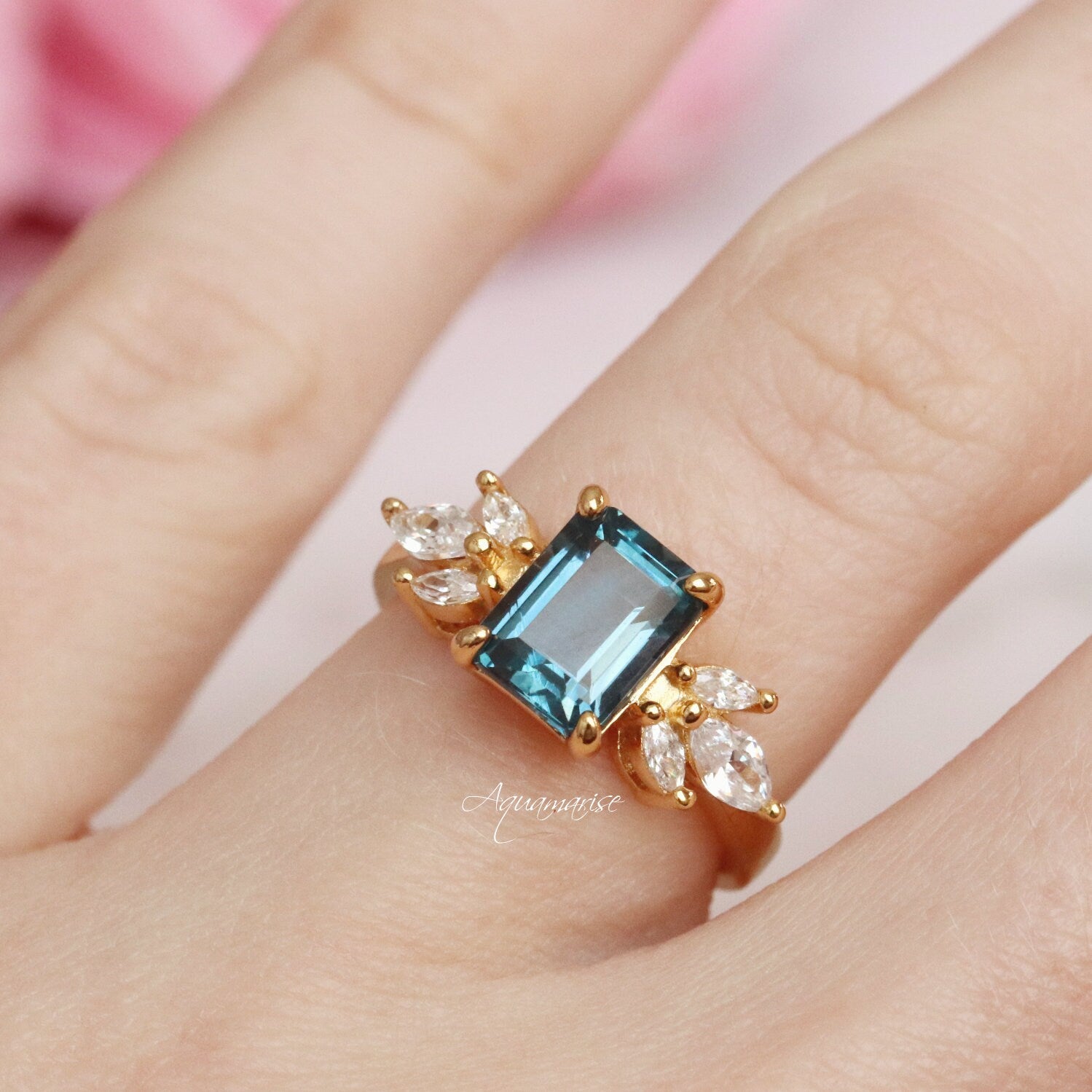 14K Gold Vermeil Eva London Blue Topaz Ring - Elegant Statement Jewelry for Women, Perfect for Weddings, Parties & Special Occasions
