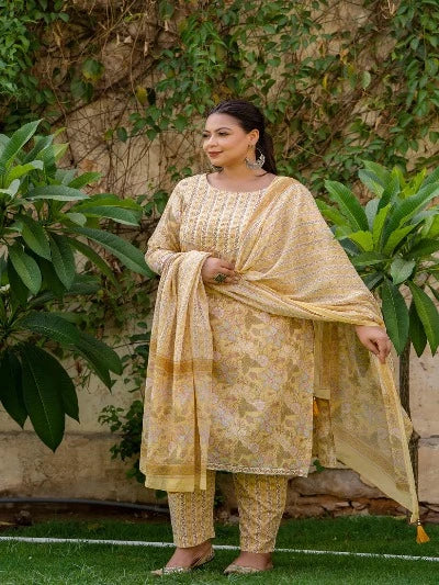 Plus Size Light Yellow Cotton Printed Ready-Made Salwar Suit for Women | Comfortable Ethnic Wear for Festivals, Weddings & Special Occasions