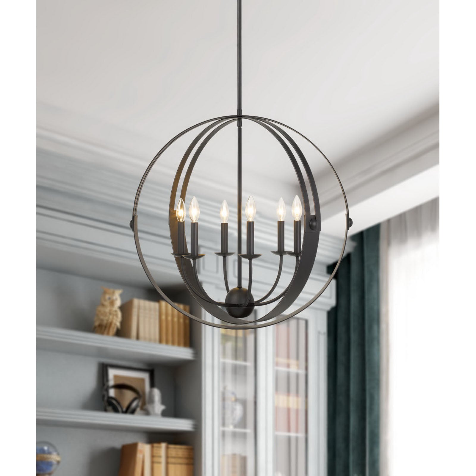 Cal Lighting 60W X 6 Valais Metal Chandelier - Modern Black Iron Ceiling Light Fixture for Dining Room, Bedroom & Living Room Decor