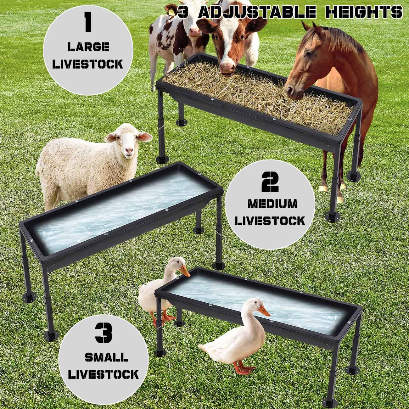 **3-Level Adjustable Height Large Water Troughs for Livestock - 2 Pack Heavy Duty Horse, Goat & Farm Animal Watering & Feeding Trough - Portable Floor Standing Feeder Bucket for Pasture, Barn & Stable Use**