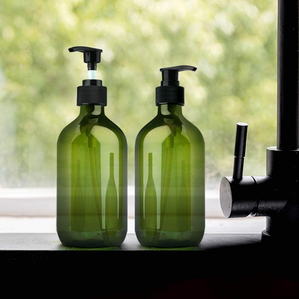 Forest Clay Shampoo Pump Bottle - 2 Pack 300ml Empty Refillable Bottles with Dispenser Pump for Shampoo, Lotion & Liquid Soap - Olive Green - Perfect for Bathroom, Salon & Travel Organizer