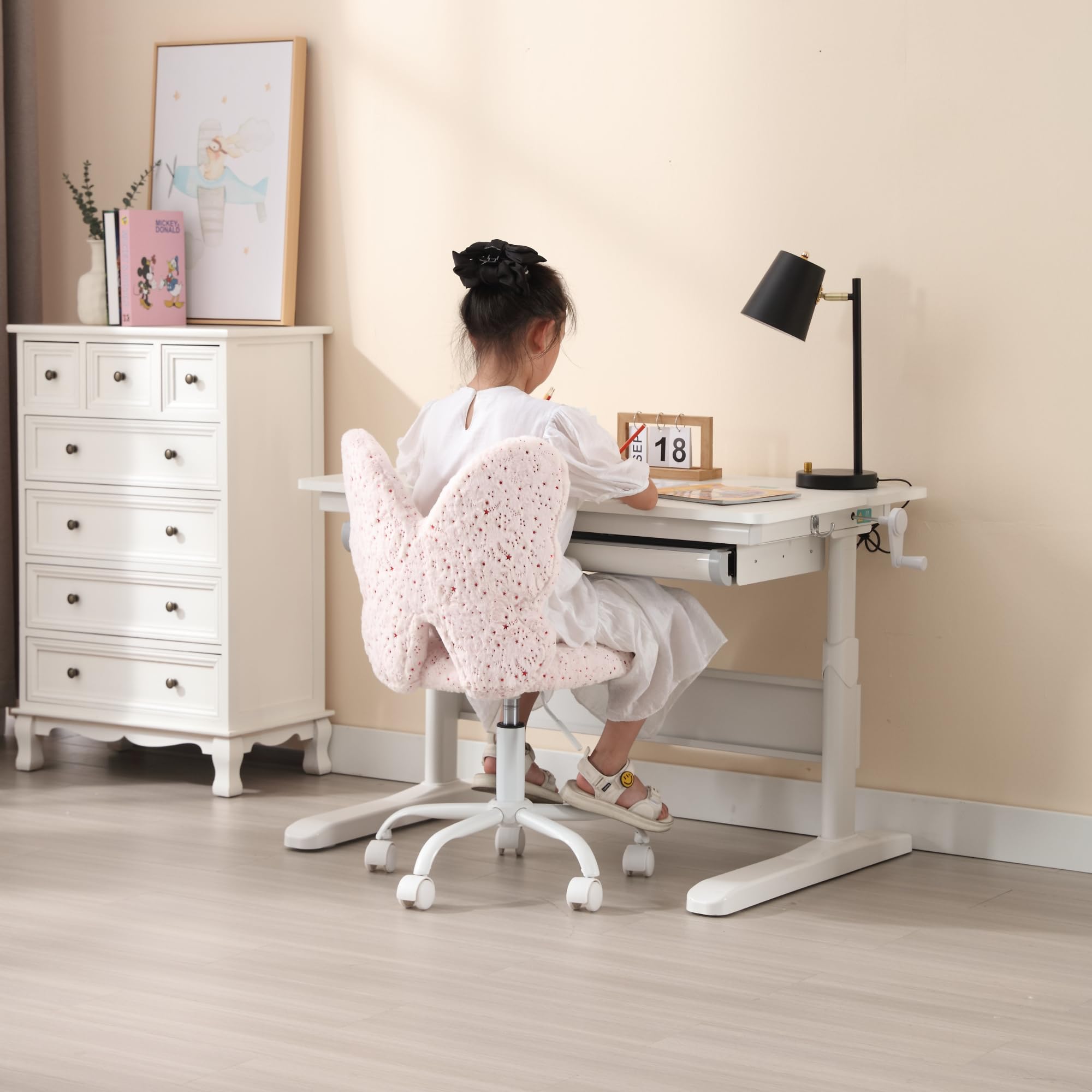 Kmax Adjustable Kids Desk Chair with Wheels - Soft Faux Fur Butterfly Swivel Chair for Children, Pink | Perfect for Bedroom, Study Room & Home Office Use