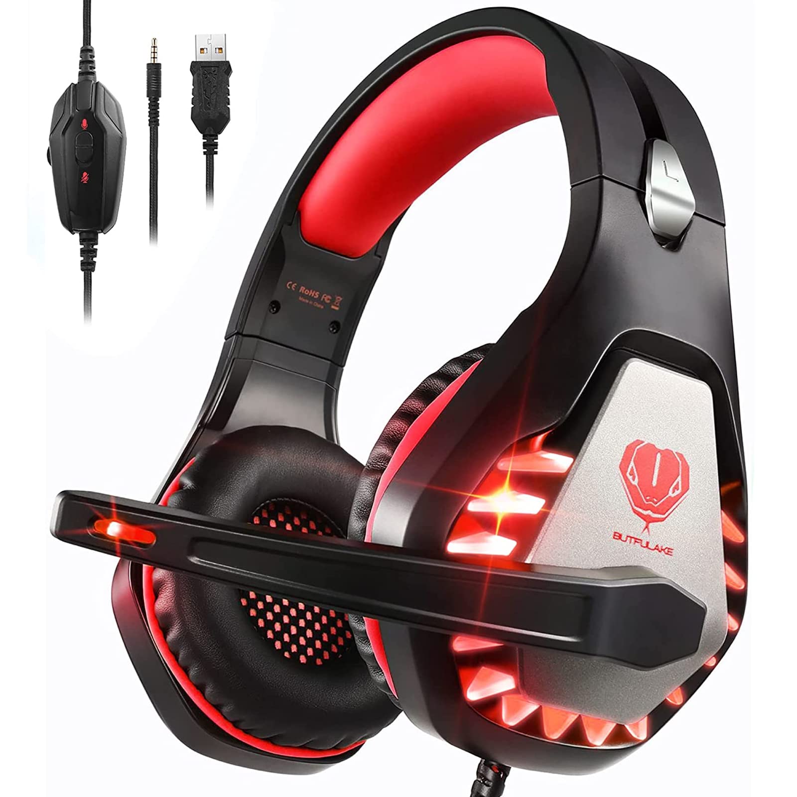 Pacrate Gaming Headset with Noise Cancelling Mic & LED Lights - Compatible with PC, PS4, Xbox One, Mac, Laptop - Perfect for Kids, Men & Women Gamers - Ideal for Online Gaming, Streaming & Virtual Meetings