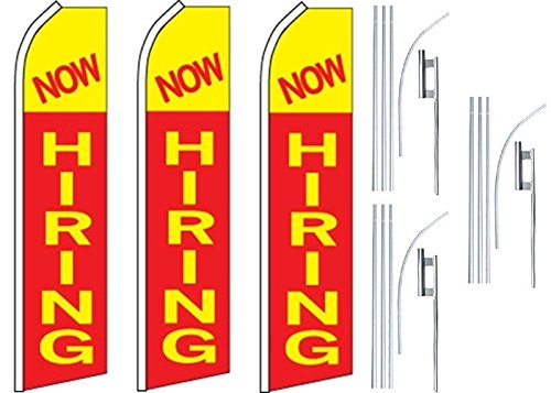 3 Swooper Flutter Feather Flags with 3 Poles & Ground Spikes - Red & Yellow NOW HIRING Banners for Outdoor Advertising, Car Dealerships, and Business Promotions