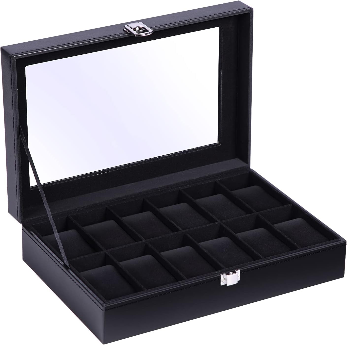 Ohuhu 12-Slot Watch Box with PU Leather & Real Glass Lid - Premium Watch Organizer Case for Men & Women | Perfect for Watch Collection Display, Travel Storage & Jewelry Organization