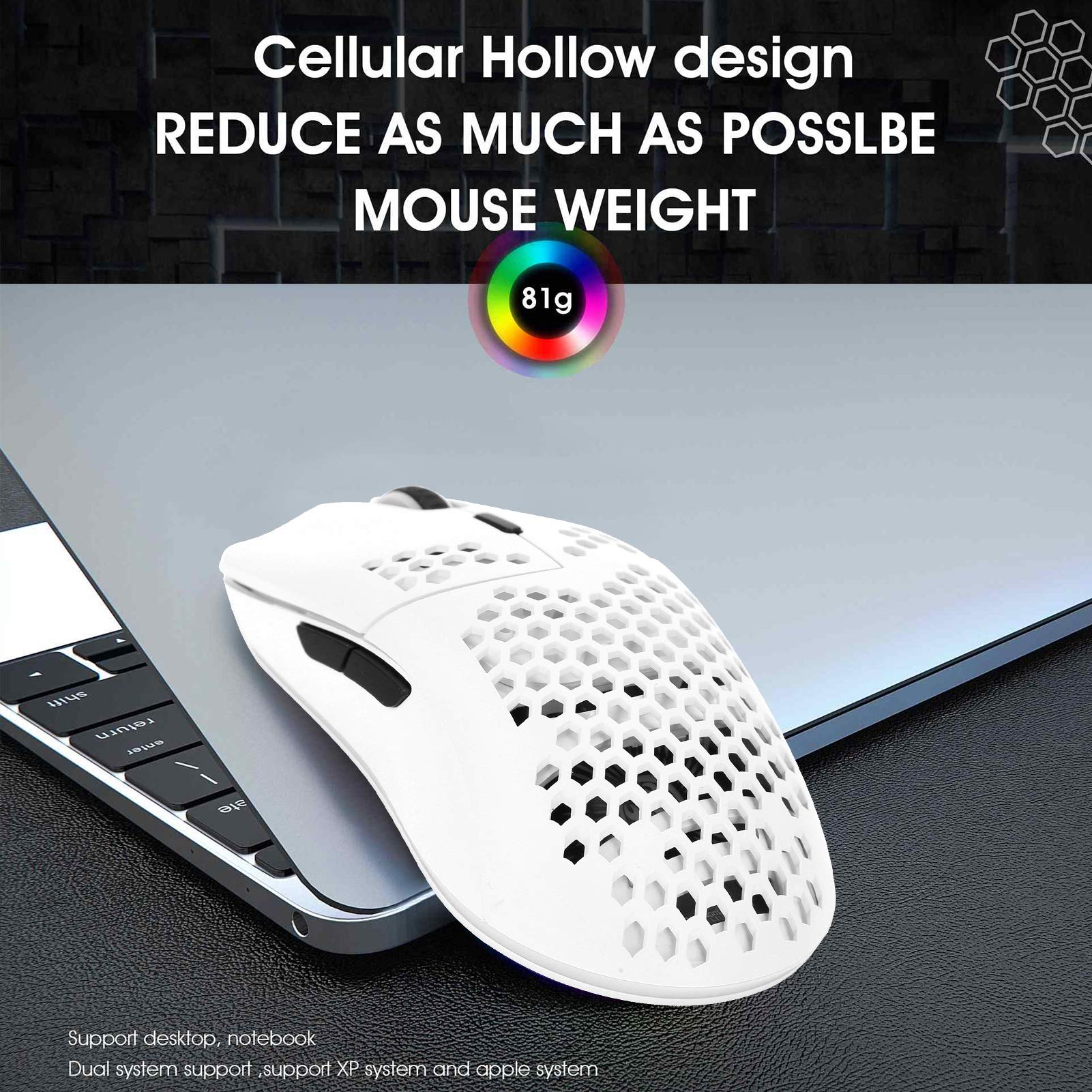 Zunate Wireless Gaming Mouse - 2.4GHz Hollow RGB Mouse with 3600DPI & 6 Programmable Buttons for PC, Laptop, Computer (White) - Perfect for FPS, MOBA Games & Office Work