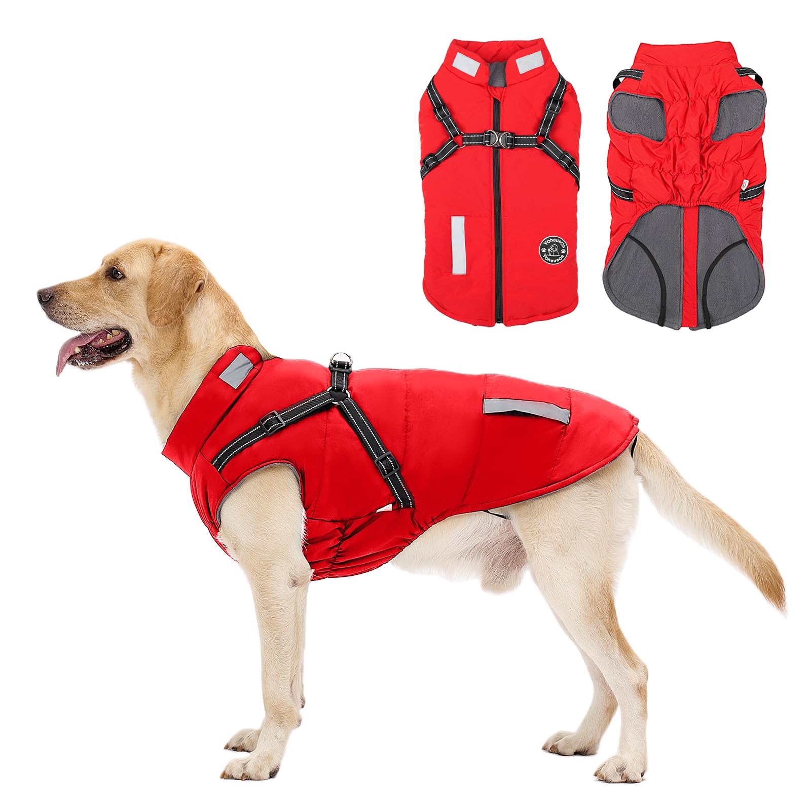 Warm Dog Jacket with Built-in Harness - Fleece Winter Coat for Small Medium Large Dogs | Waterproof Reflective Vest for Cold Weather | Red | Perfect for Outdoor Walks & Winter Adventures