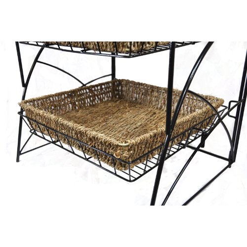 Tristan Triple Tiered Square Display Stand with Handwoven Seagrass Baskets - Rustic Home Decor for Bathroom, Kitchen & Bedroom Organization