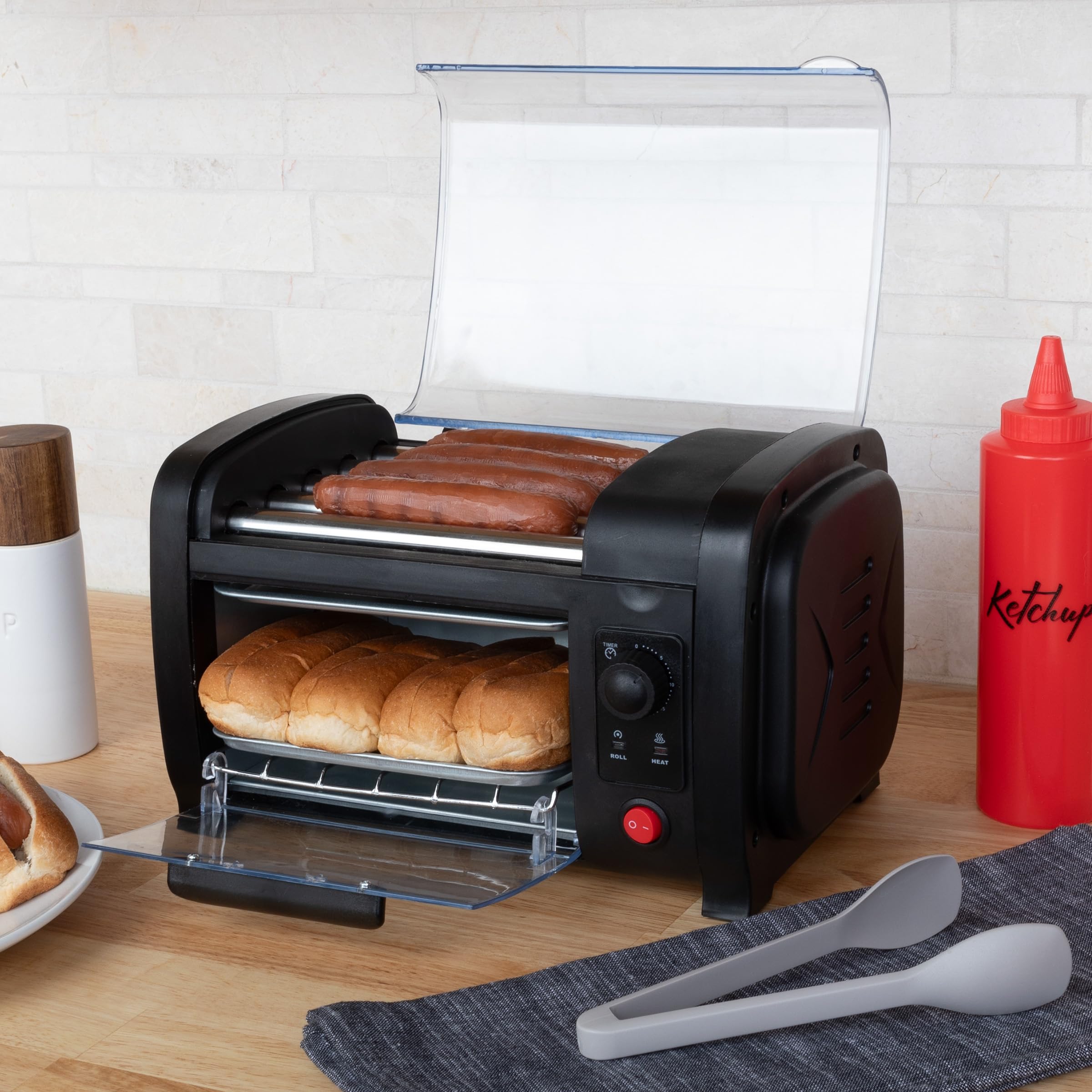 Commercial Hot Dog Roller Machine with Bun Warmer - 5 Stainless Steel Rollers & Baking Tray, Adjustable Timer for Restaurants, Food Trucks, and Convenience Stores