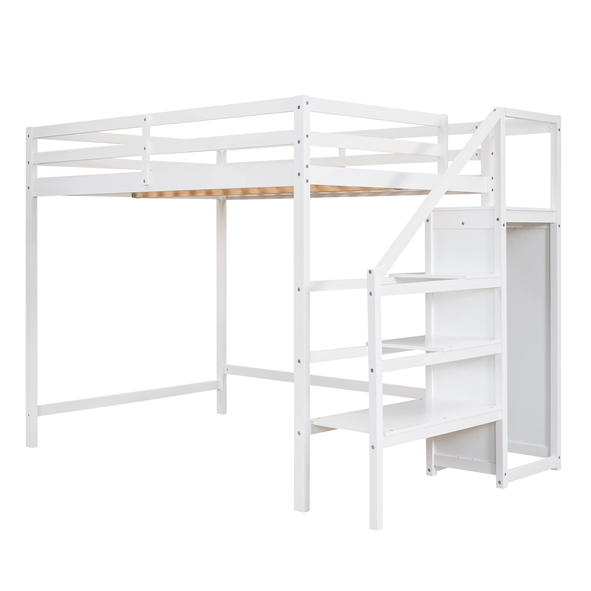KLMM Full Size Loft Bed with Built-in Wardrobe & Staircase - Solid Wood Modern Loft Bed Frame with Safety Guard Rail - No Box Spring Needed - White Storage Loft Bed for Teens & Adults - Perfect for Small Bedrooms, Dorms & Studio Apartments