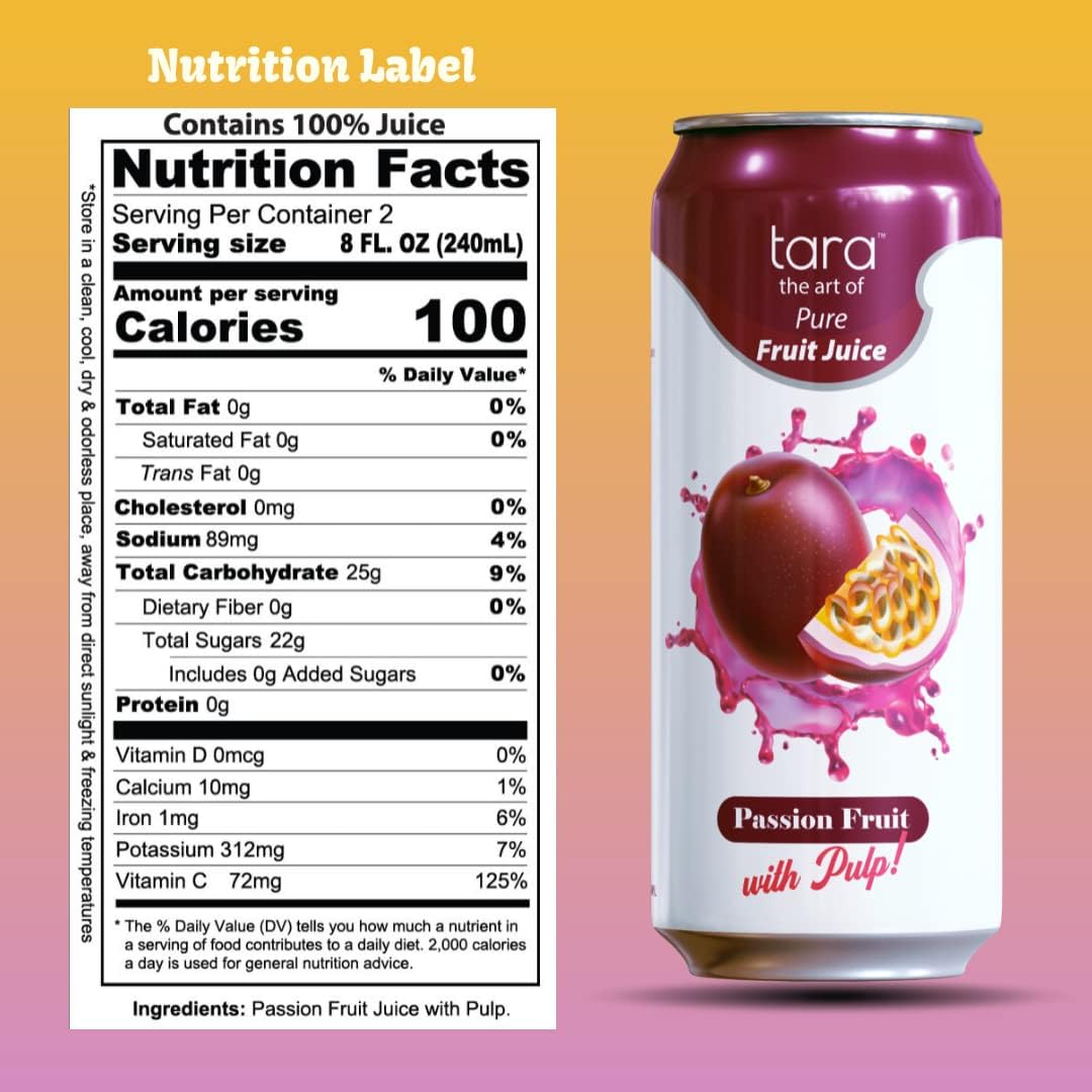 Tara Beverages 100% Pure Passion Fruit Juice with Pulp - No Added Sugar, No Preservatives, Natural Refreshment - 16.9 fl.oz (12 Pack) - Perfect for Breakfast, Smoothies & Healthy Hydration